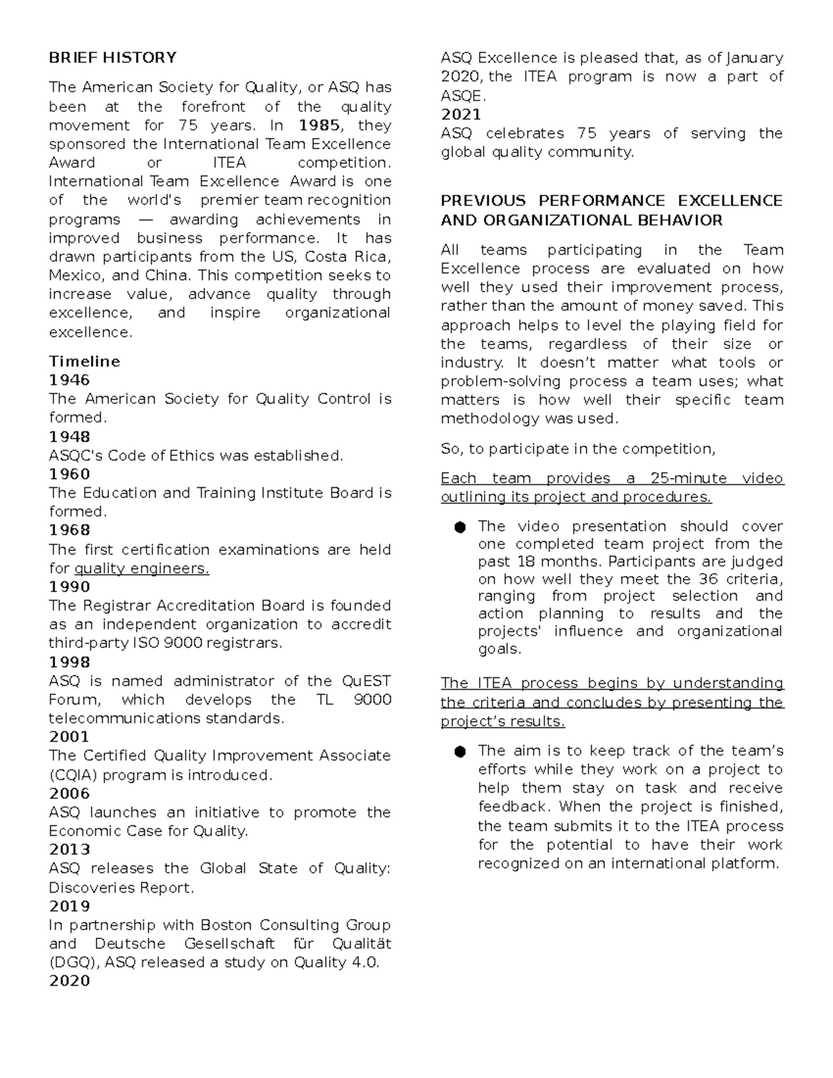 Final - N/A - BRIEF HISTORY The American Society for Quality, or ASQ ...