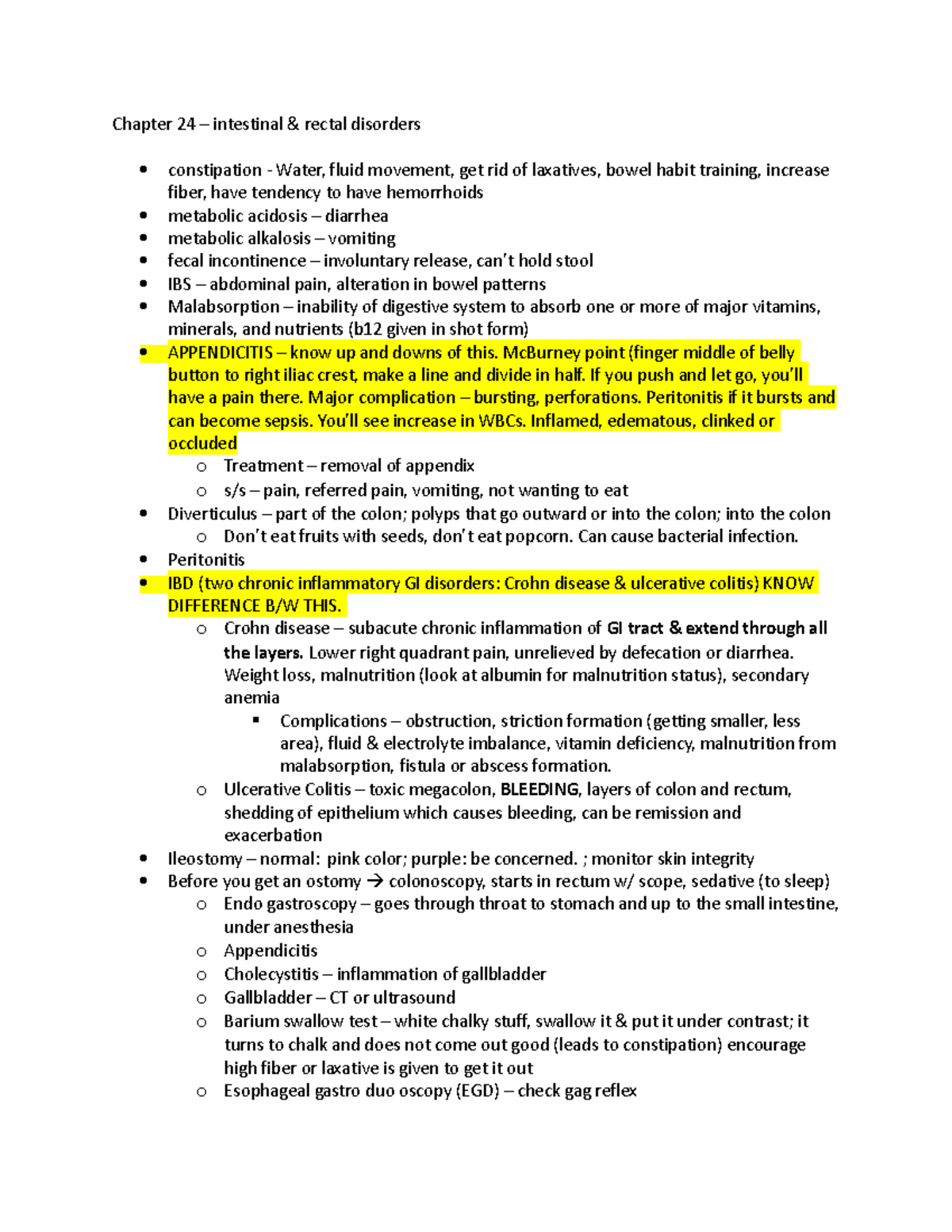GI notes in class - Chapter 24 – intestinal & rectal disorders ...