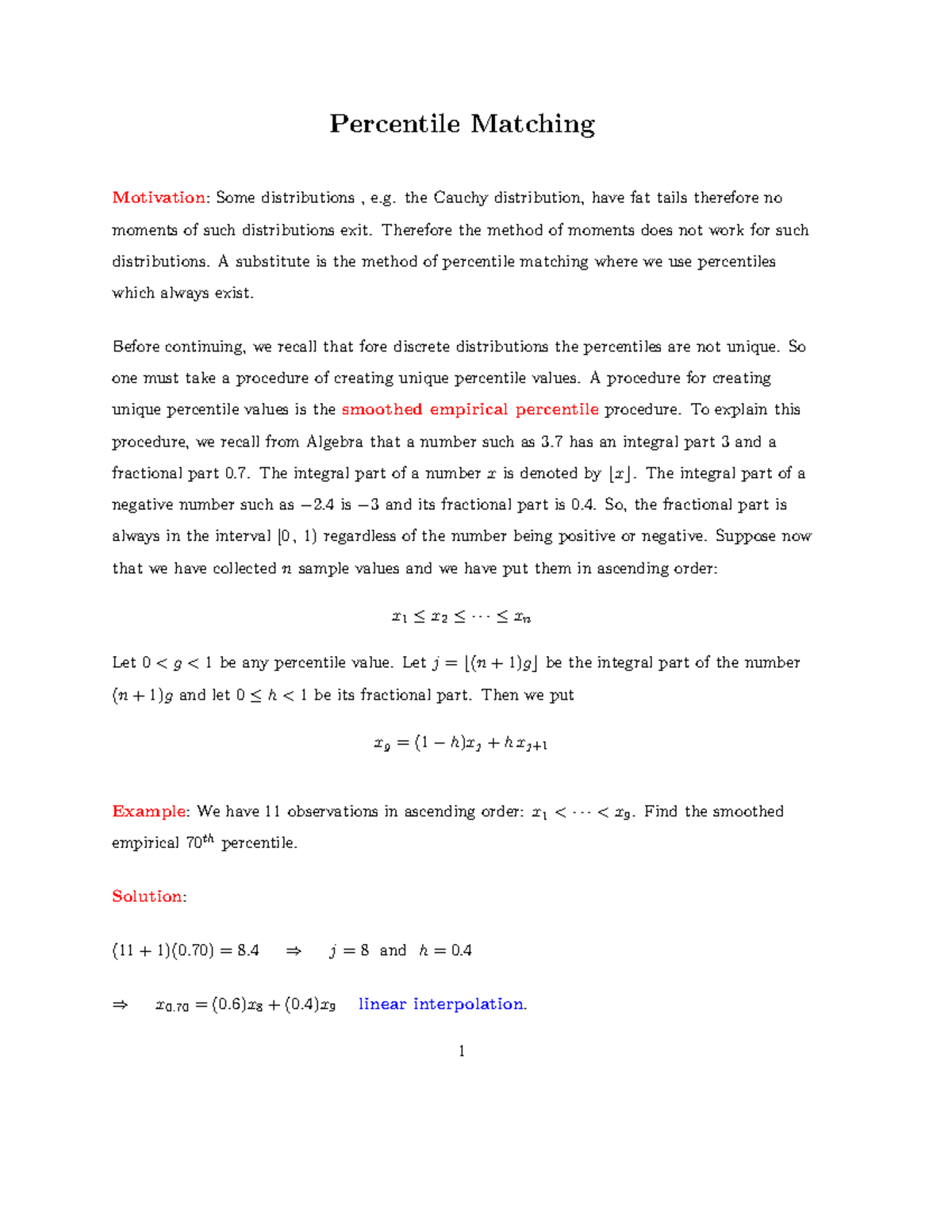 Percentile Matching Summary Mathematical statistics Percentile