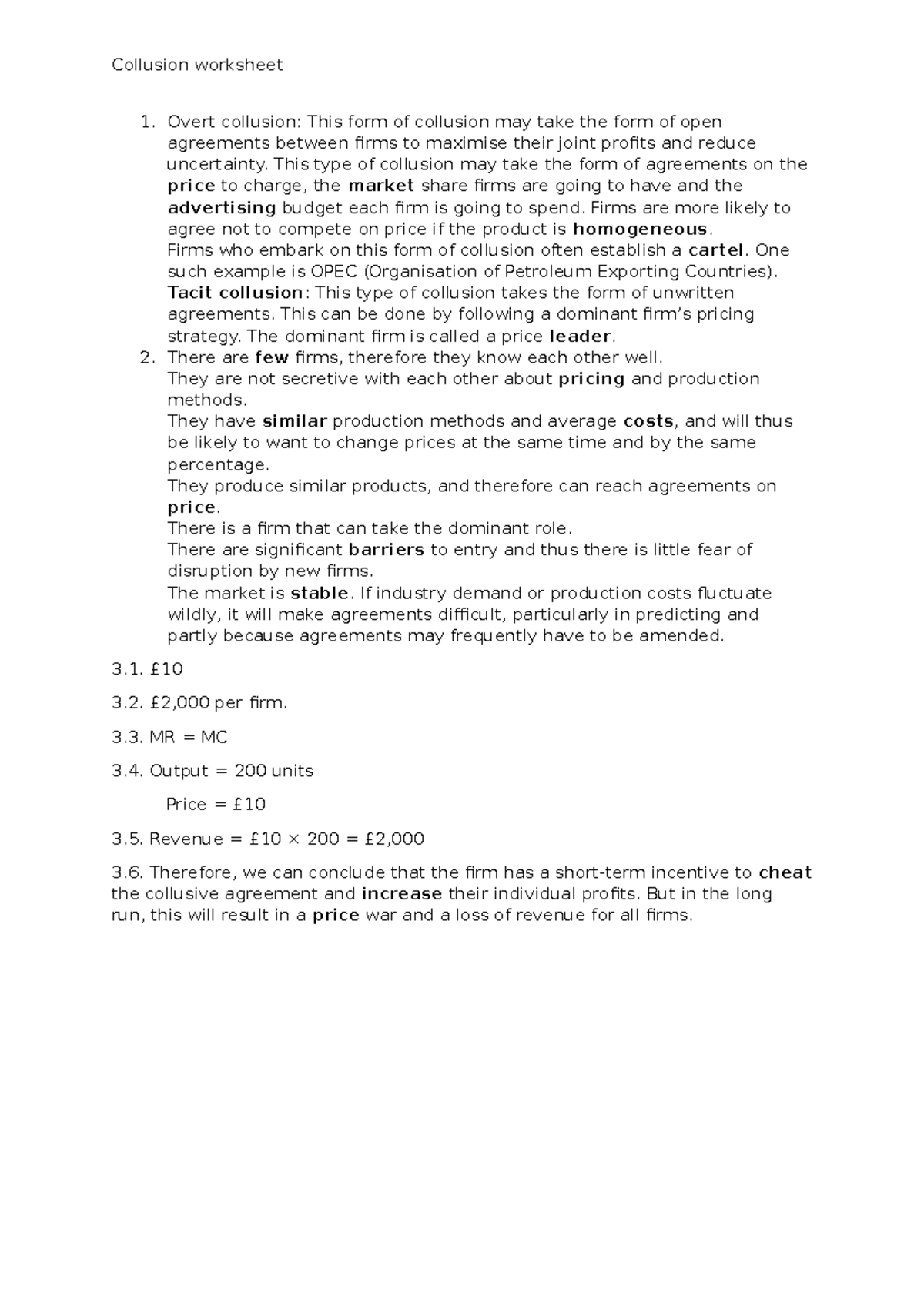 Collusion worksheet - Overt collusion: This form of collusion may take ...