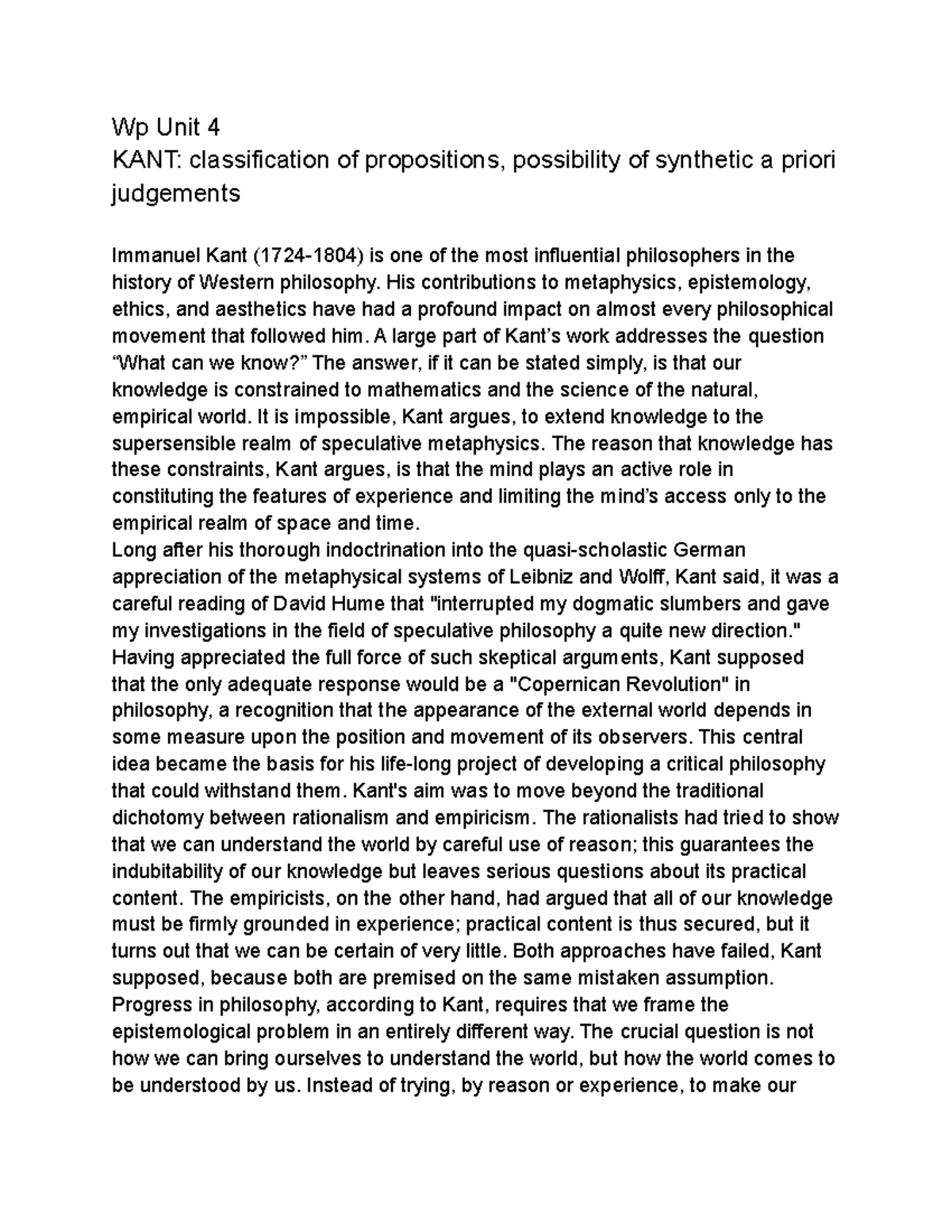 Kant wp - 4th Semester - Wp Unit 4 KANT: classification of propositions ...