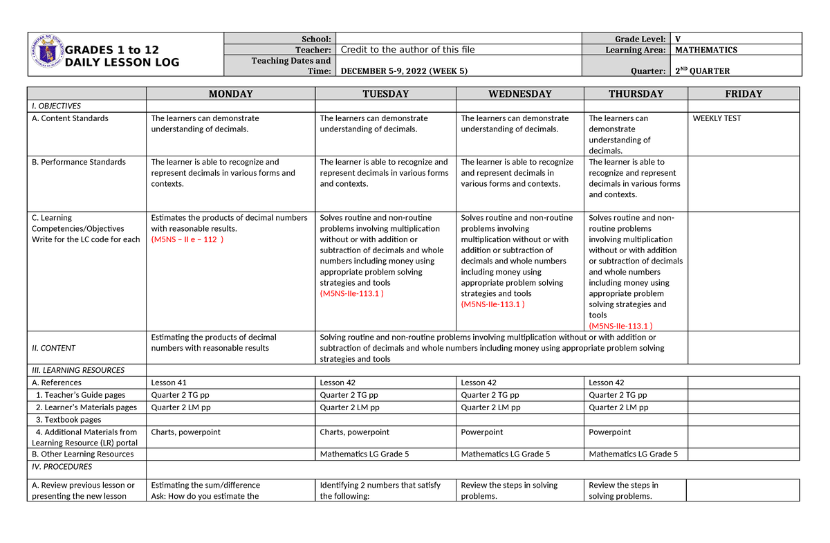 DLL Mathematics-5 Q2 W5 - GRADES 1 to 12 DAILY LESSON LOG School: Grade ...