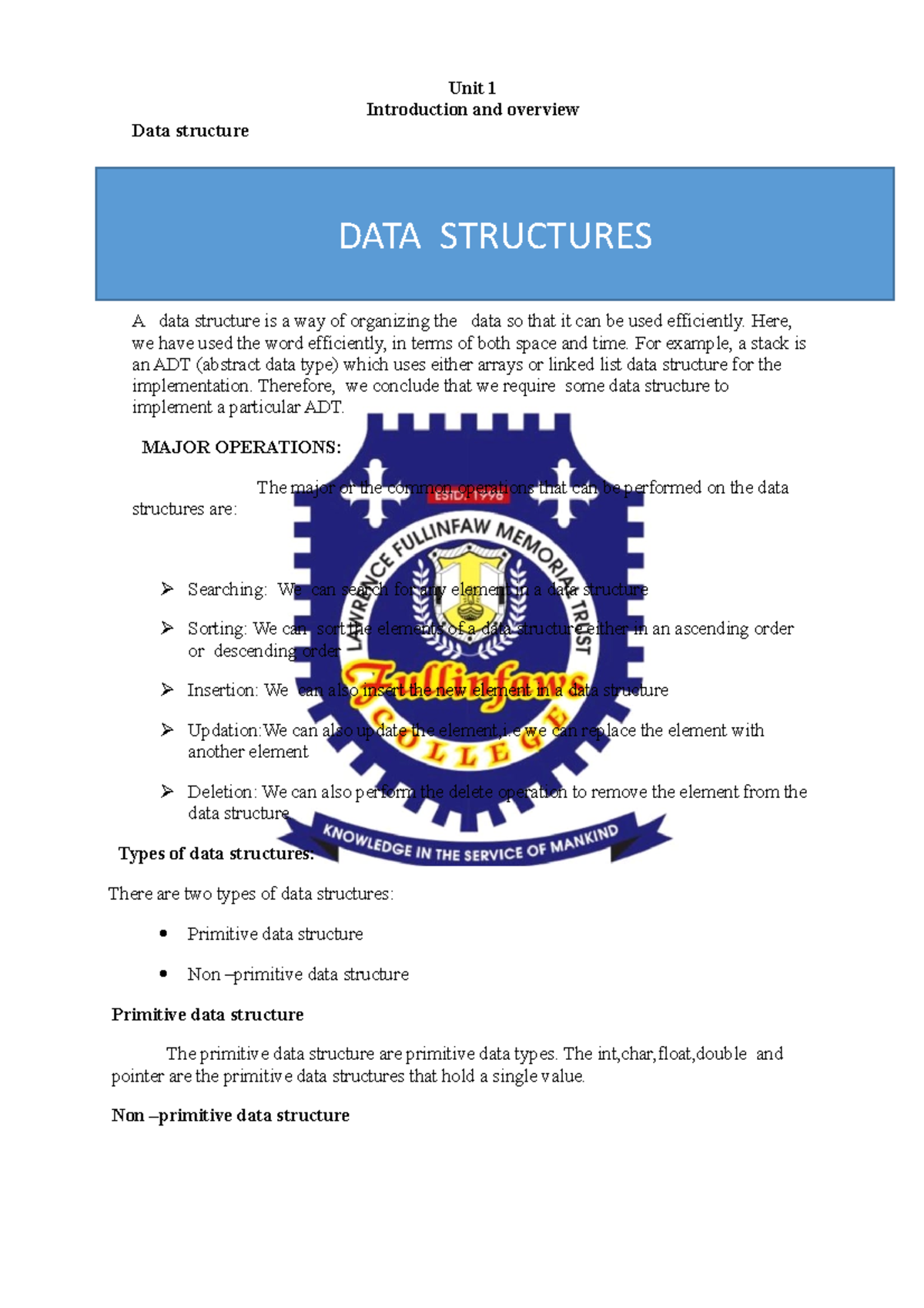 DATA Structure UNIT 1 - Unit 1 Introduction And Overview Data Structure ...