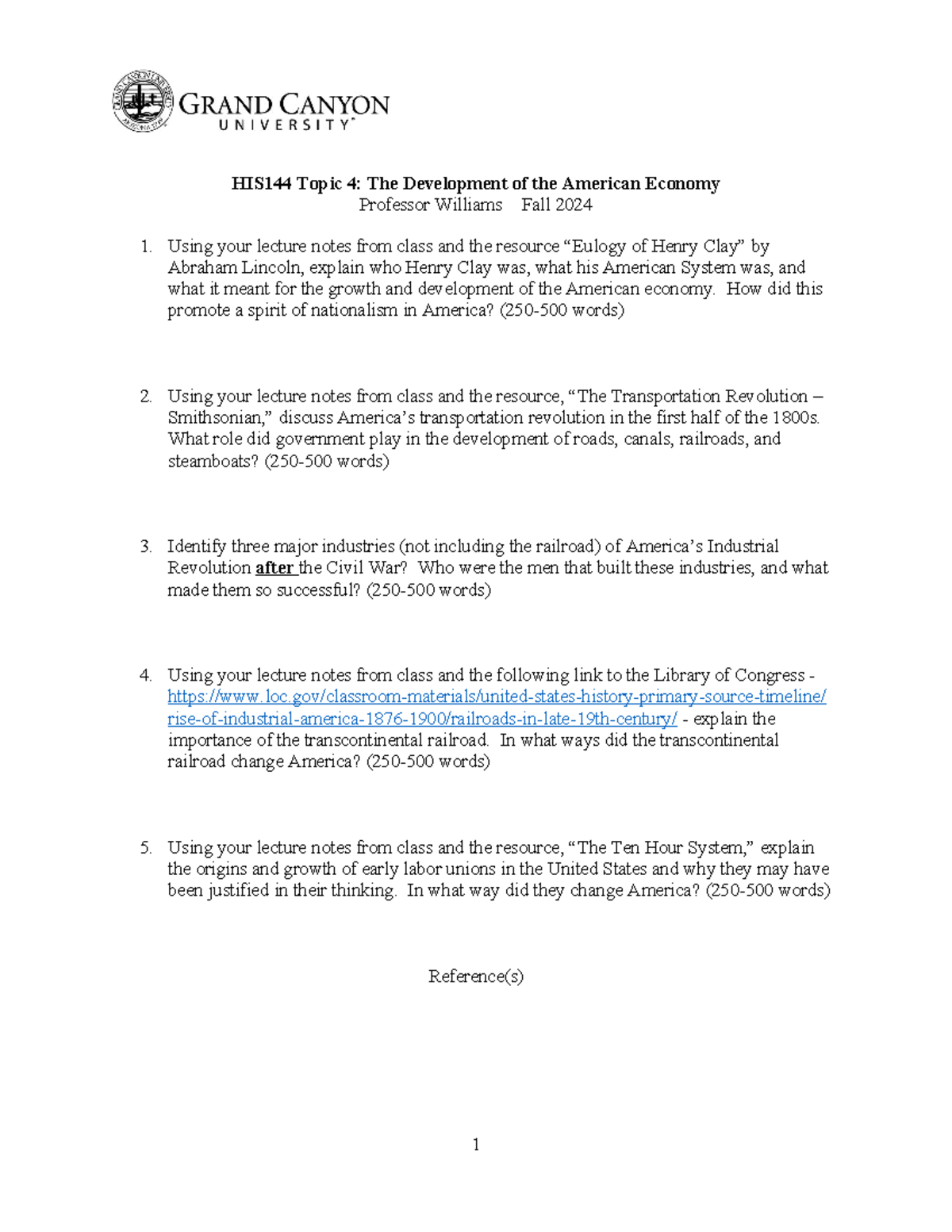 1. Topic 4 Worksheet Development of the American Economy - HIS144 Topic ...