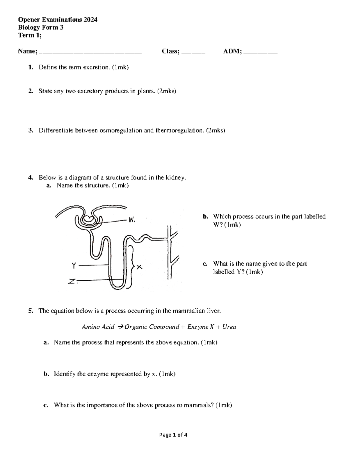 Biology form 3 Term 1 2024 Opener Examinations 2024 Biology Form 3