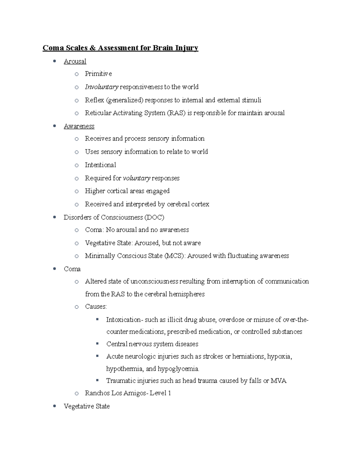 Coma Scales and Assessments Notes - Coma Scales & Assessment for Brain