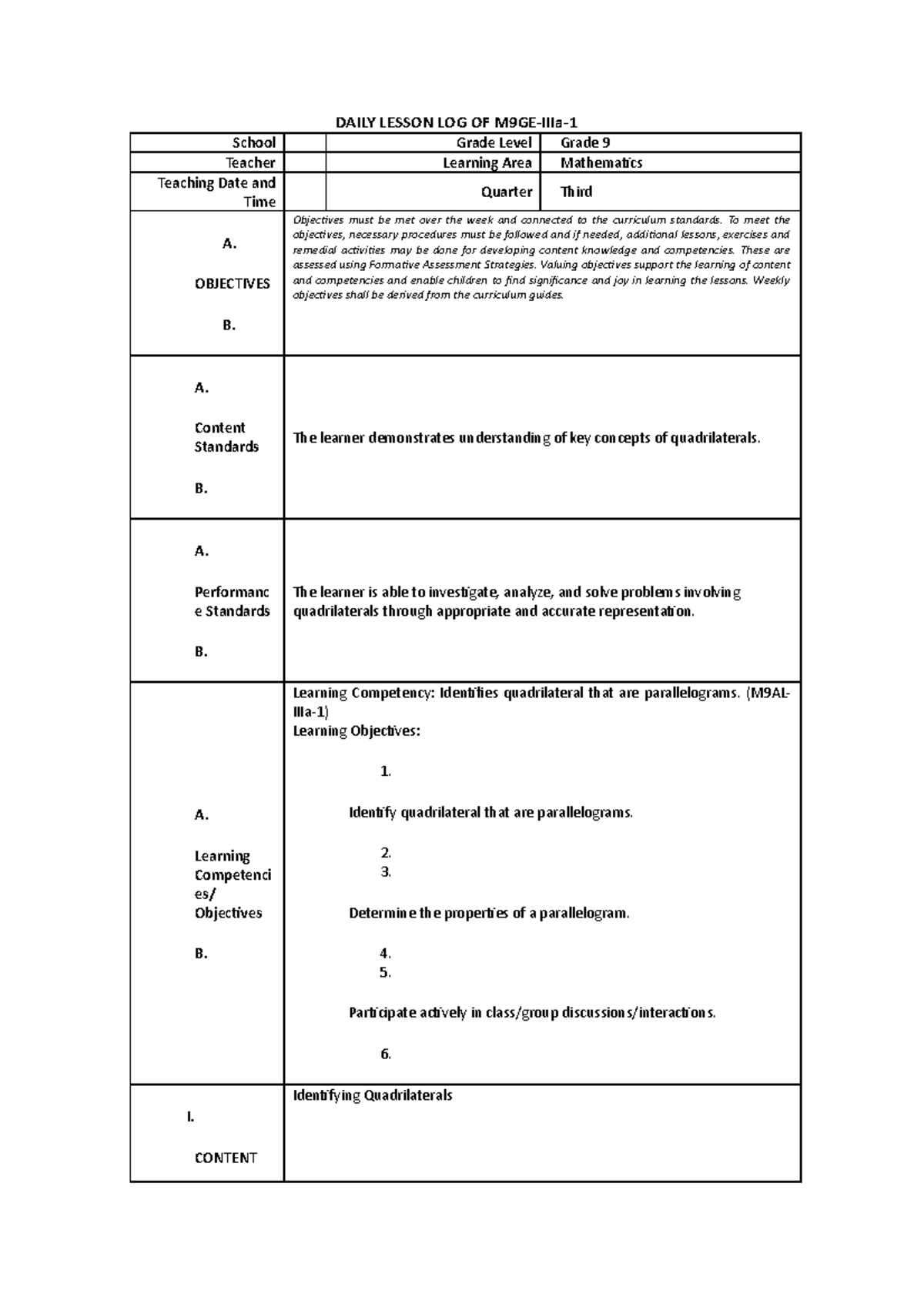 Daily Lesson LOG OF M9GE 1 - DAILY LESSON LOG OF M9GE-IIIa- School ...