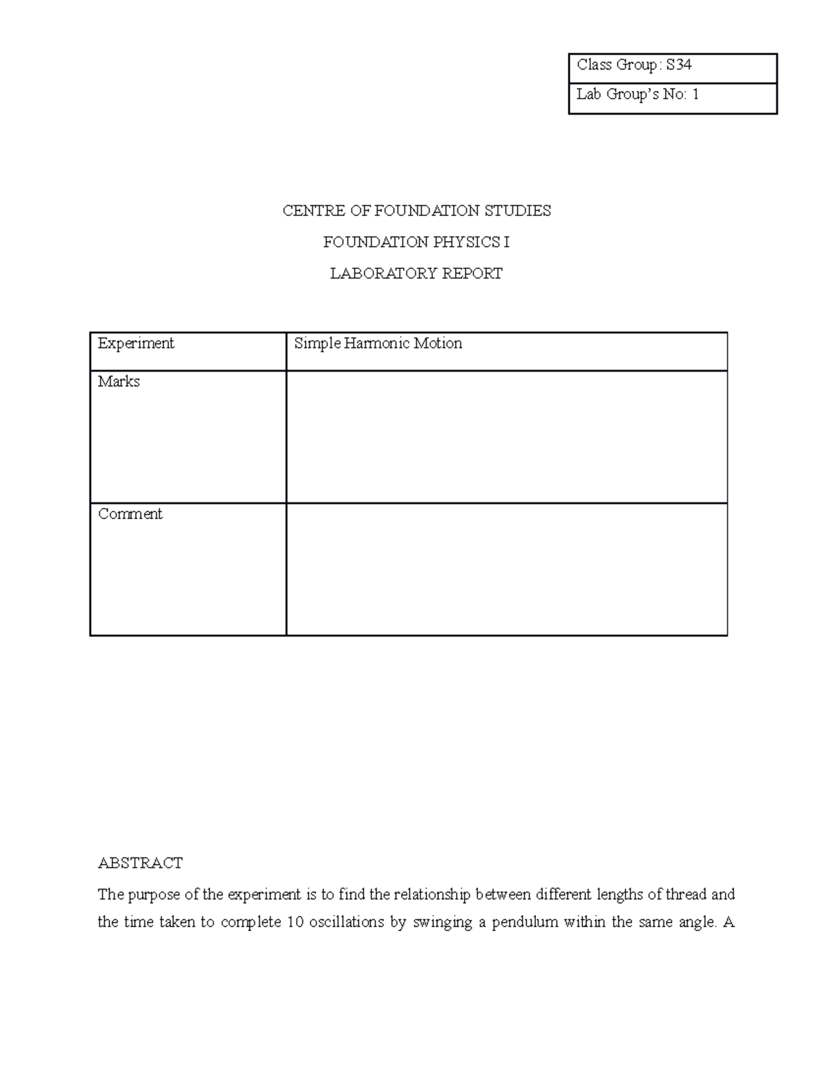 EXP 2- SHM - LAB REPORT - CENTRE OF FOUNDATION STUDIES FOUNDATION ...