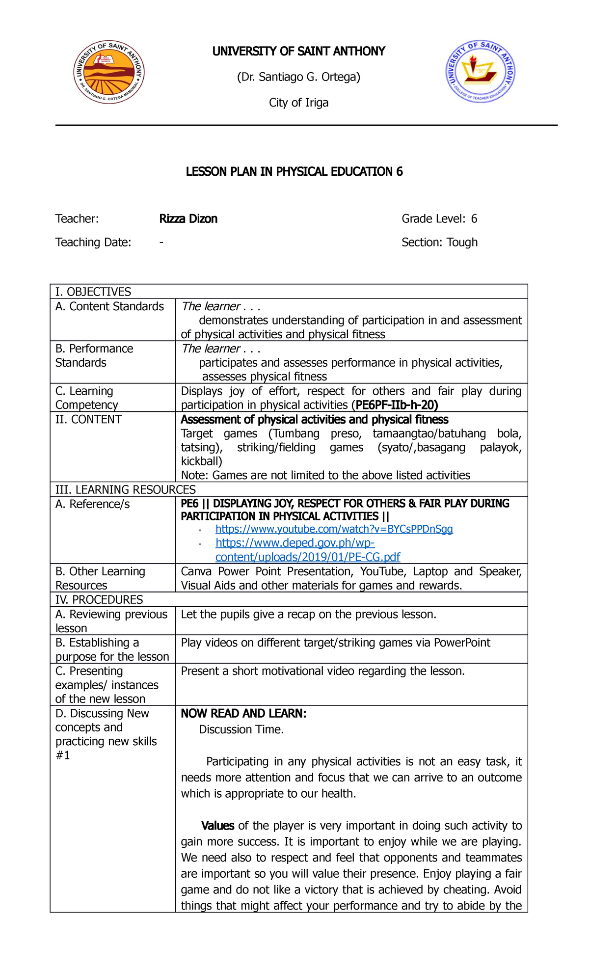 DEMO Lesson PLAN LESSON PLAN IN PHYSICAL EDUCATION 6 Teacher Rizza Dizon Grade Level 6