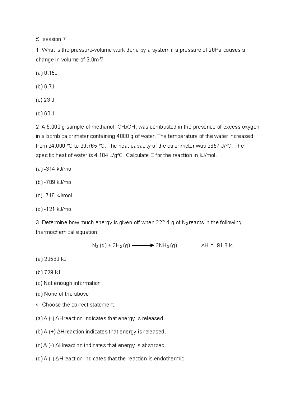 Chem 120 kinetics - N/A - SI session 7 What is the pressure-volume work ...