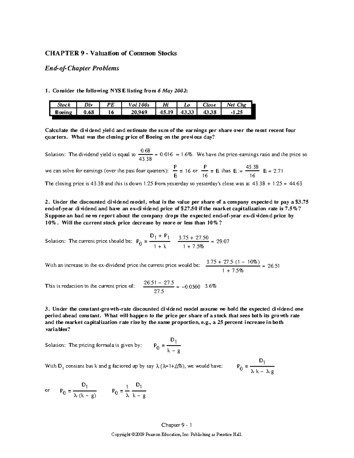 Bodie 2 IM Ch09 - 9장 연습문제 답지 - CHAPTER 9 - Valuation of Common Stocks ...