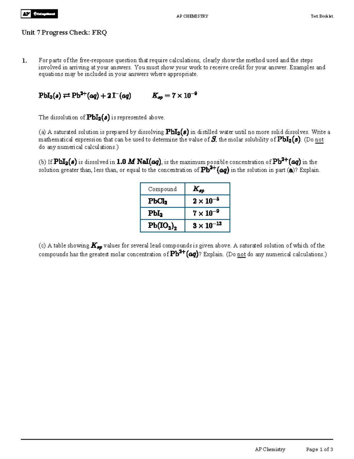 Unit 7 FRQs - For parts of the free-response question that require ...