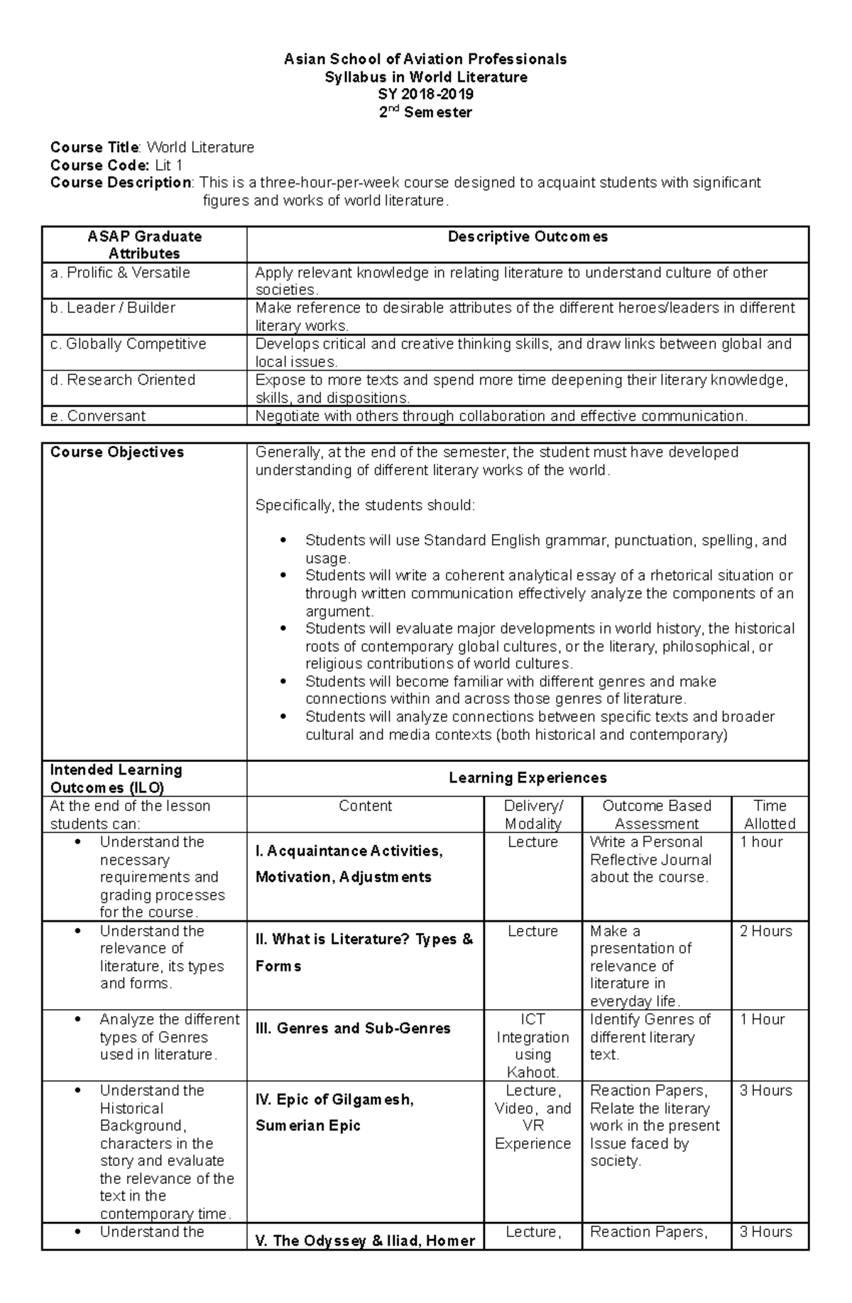 Literature Syllabus Asian School Of Aviation Professionals Syllabus 