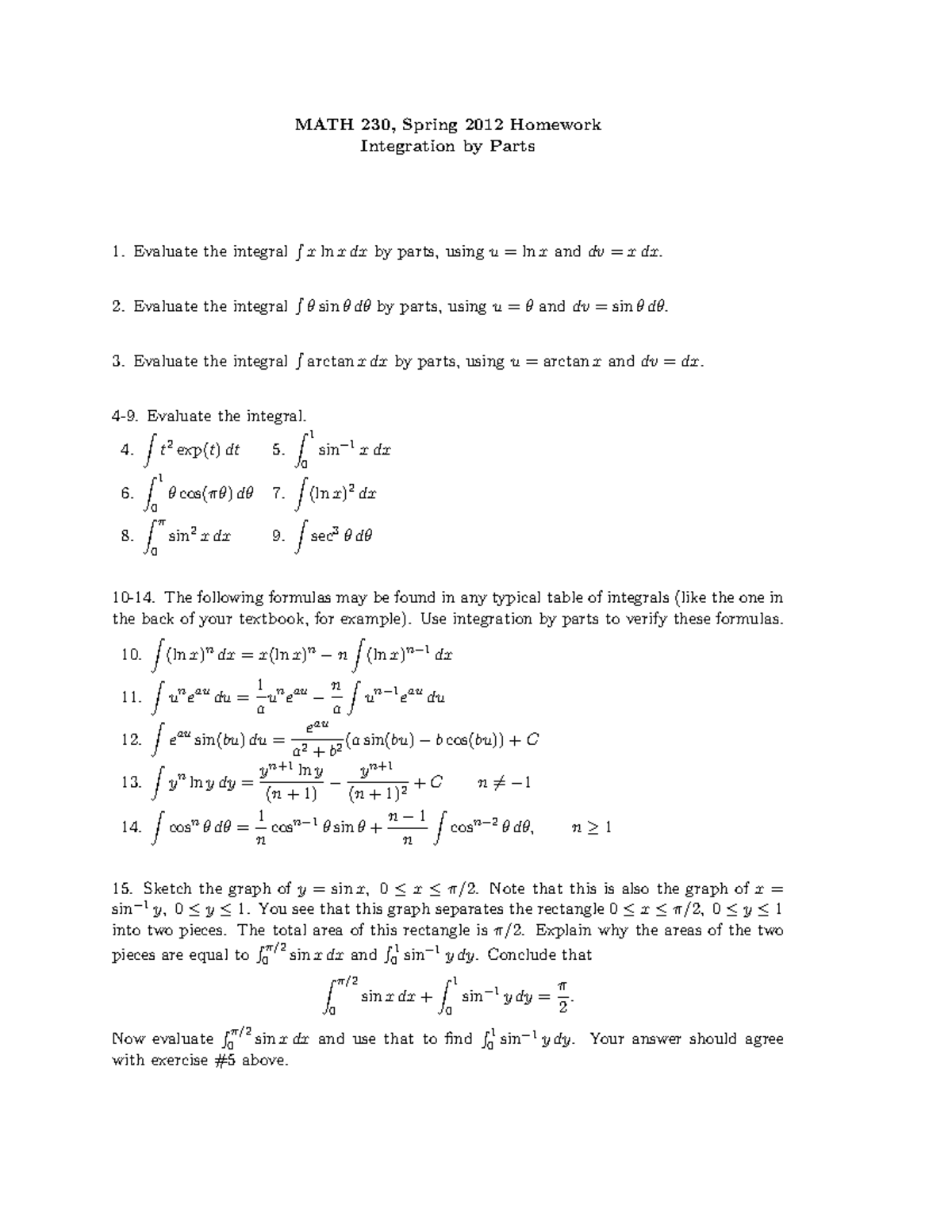 Intbypartshw - MATH 230, Spring 2012 Homework Integration Parts 1 ...