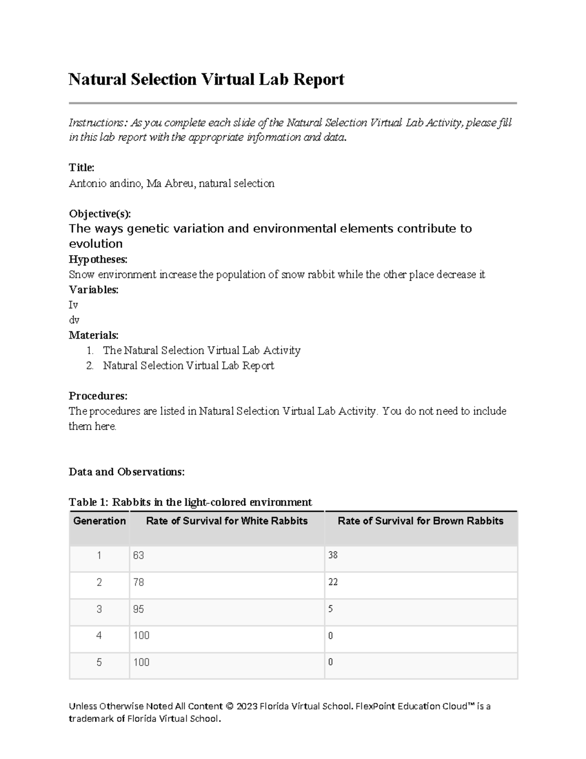 05 02 natural selection lab report Natural Selection Virtual Lab