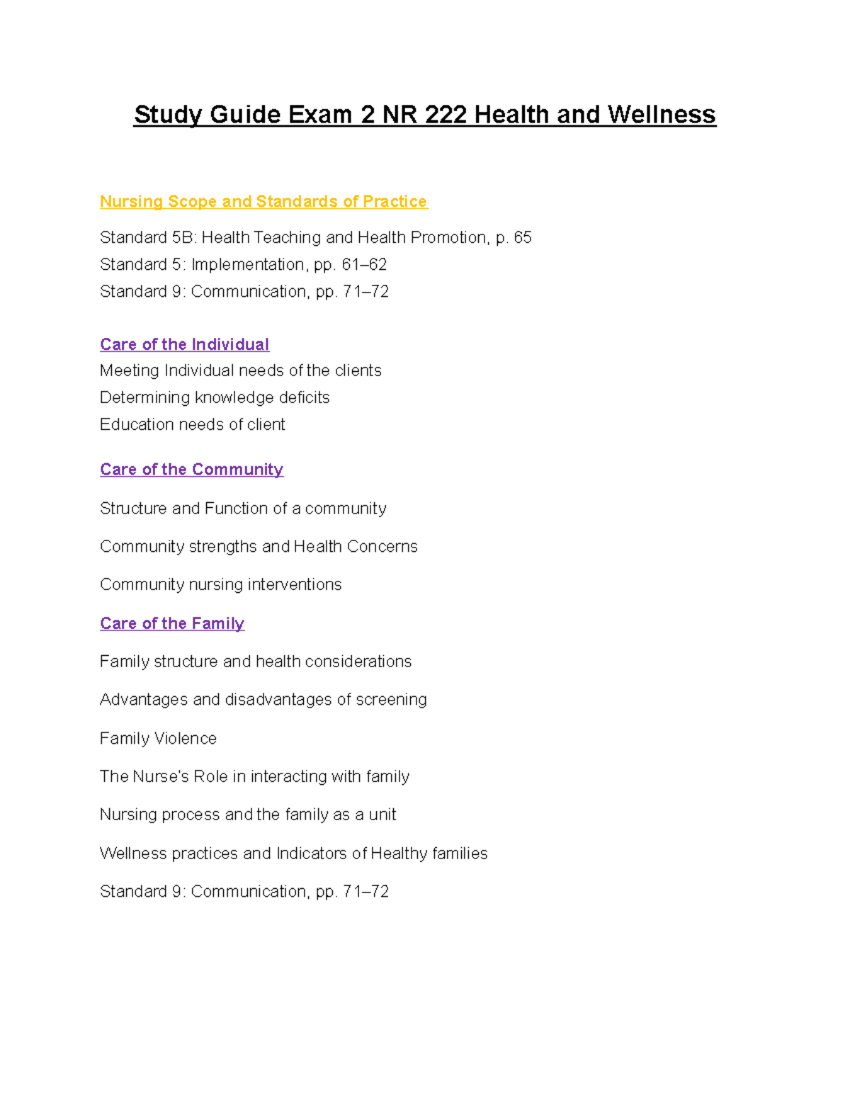 Study Guide Exam 2 NR 222 Health and Wellness 2019 - Study Guide Exam 2 ...