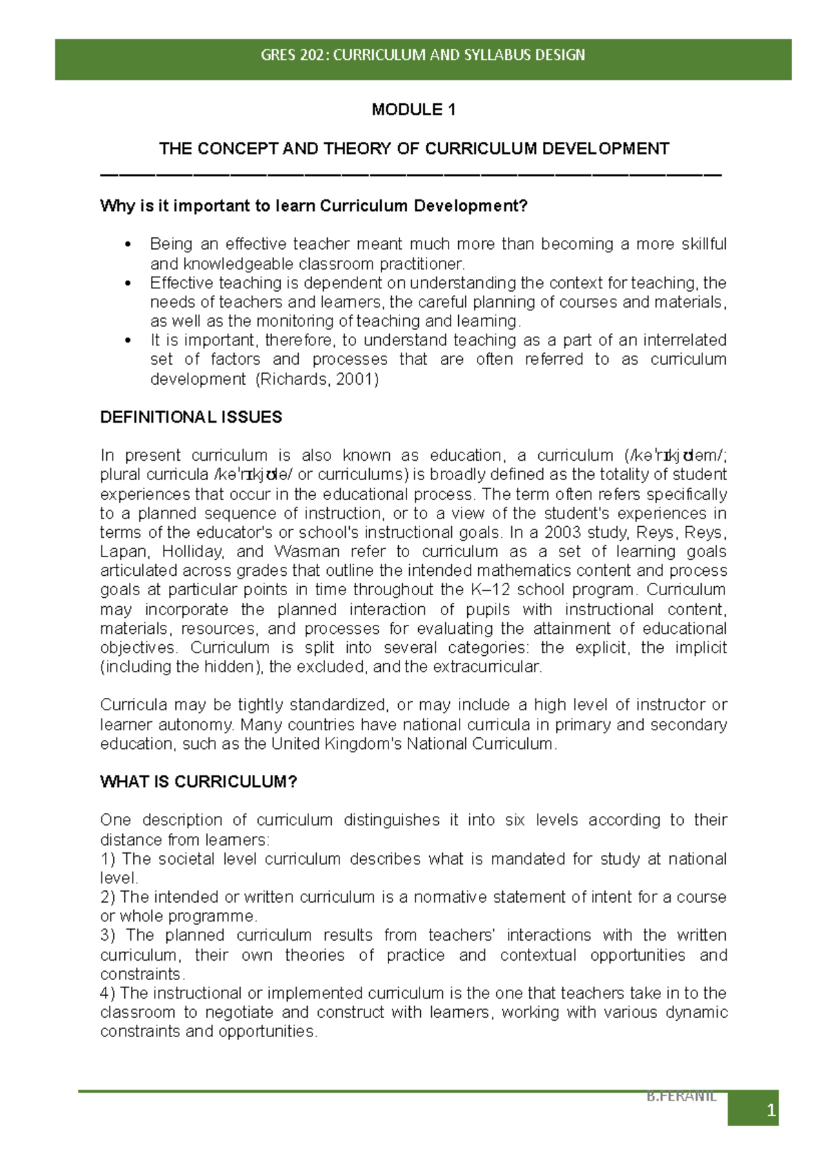 GRES 202 Modules 1-2 - Curriculum and Syllabus Design - B MODULE 1 THE ...