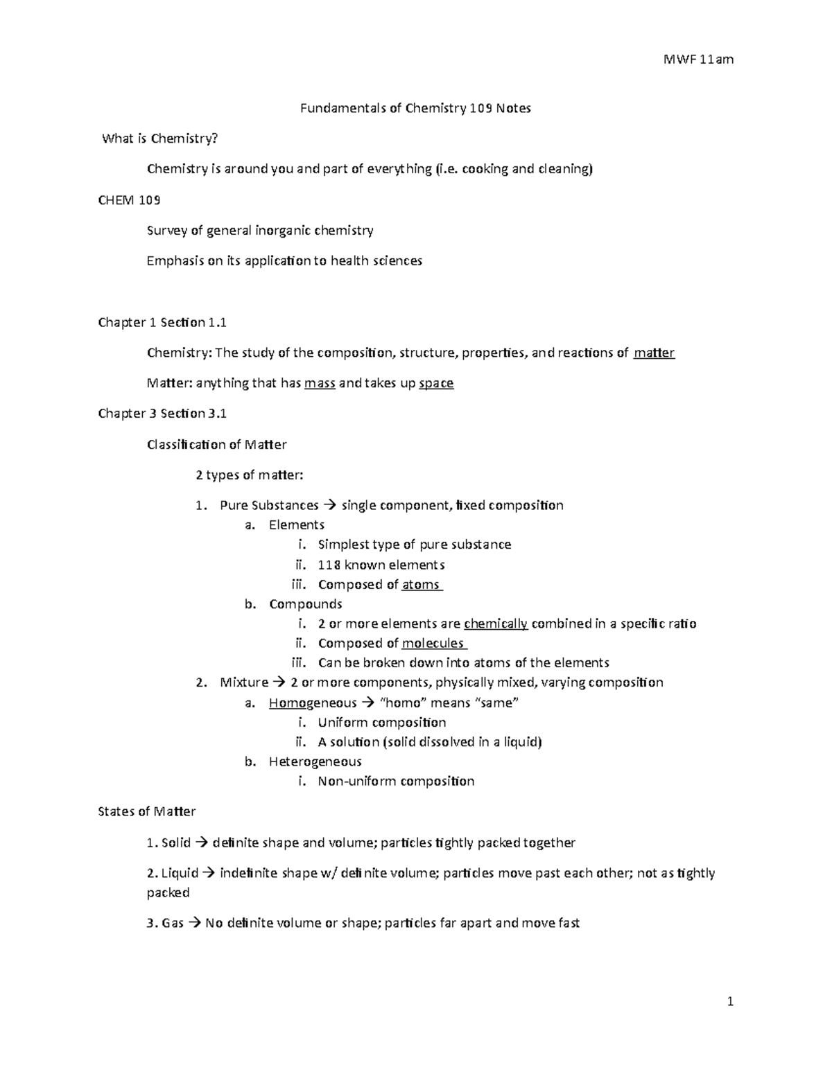 Chemistry 109 - Lecture notes 1-7 - Fundamentals of Chemistry 109 Notes ...