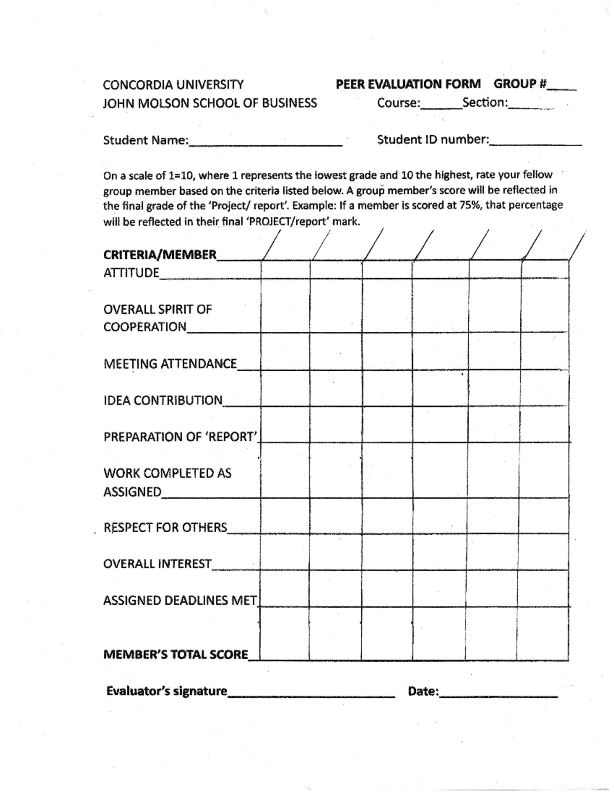 Peer Evaluation Form - CONCORDIA UNIVERSIW JOHN MOLSON SCHOOL OF ...