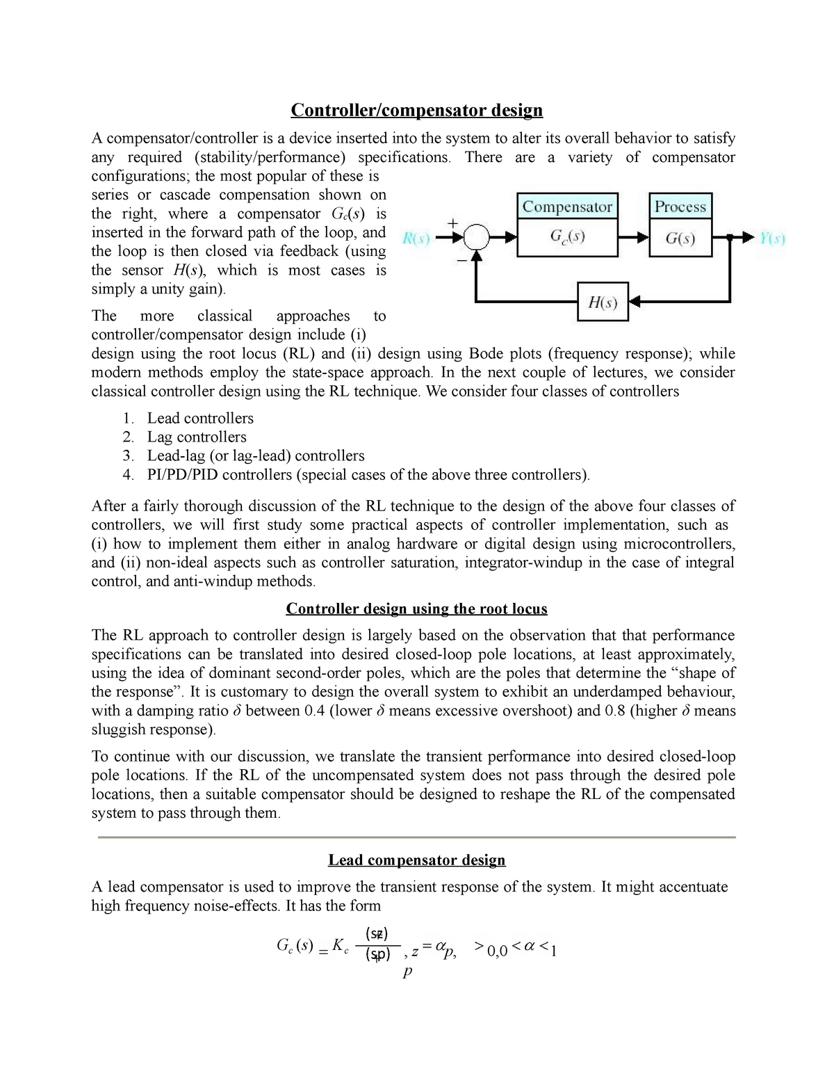 Lecture 10 Controller Design Part1 Lead - (sz) (sp) Controller ...