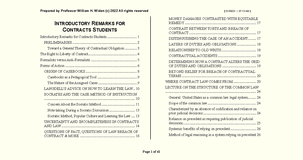 Lesson 1 Contracts - course - Prepared by Professor William H. Widen (c ...