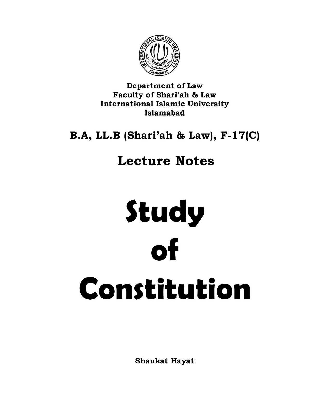 Lesson-2 Lecture Notes Constitution F-17 (C) IIUI 2018 - Department Of ...