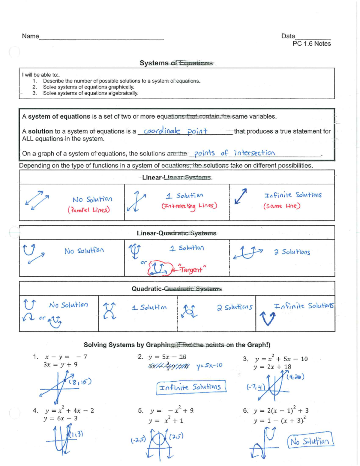 PC+ Notes+1.6 key - Name Date PC 1 Notes Systems of Equations I will be ...
