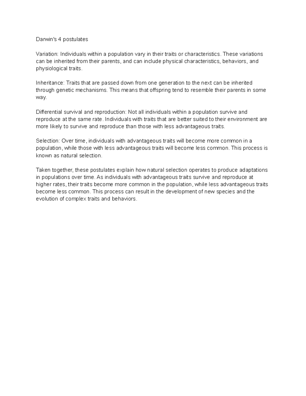 Darwin's 4 postulates Darwin's 4 postulates Variation Individuals