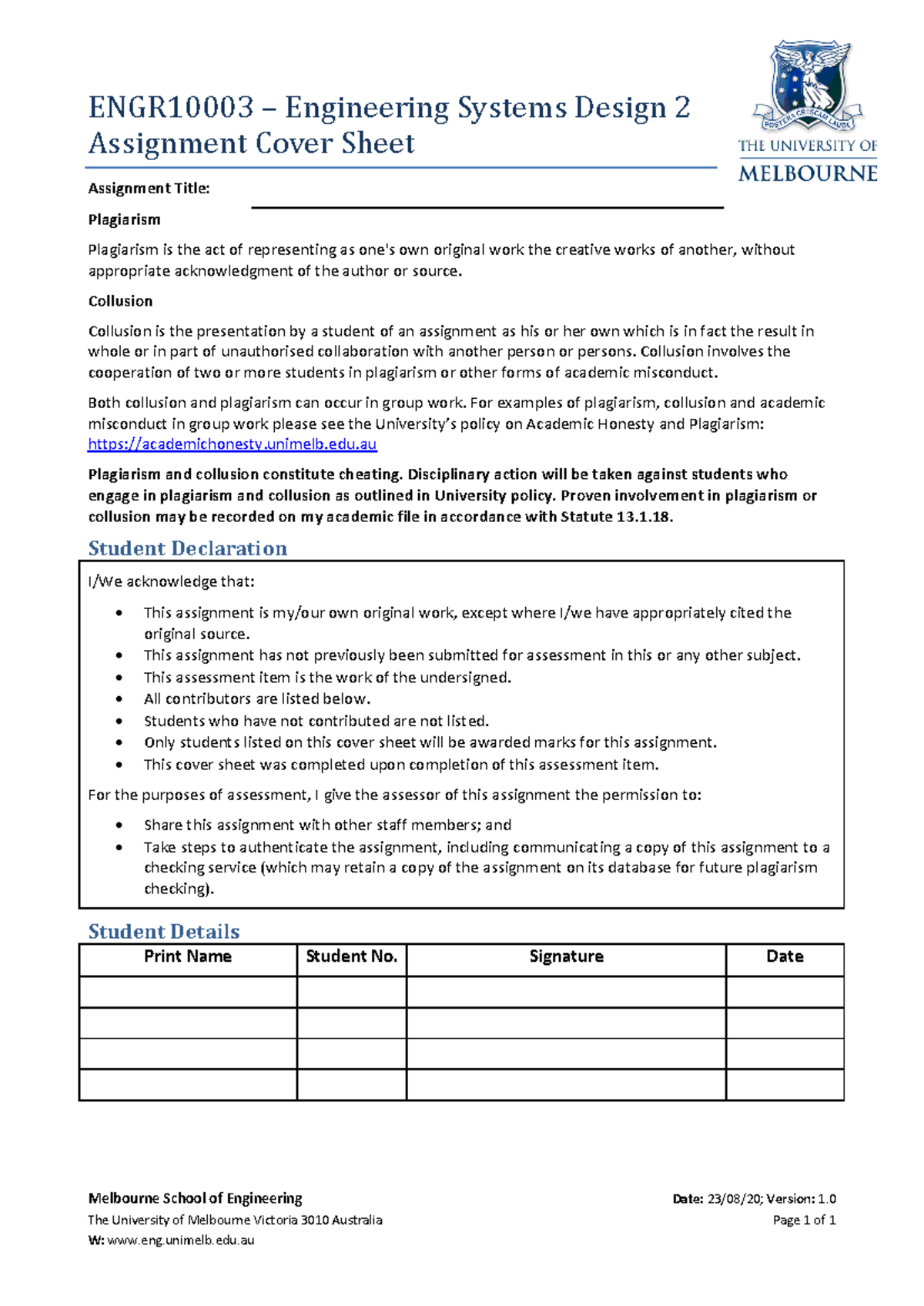 Cover Sheet for Assignment 1 - Melbourne School of Engineering Date: 23 ...