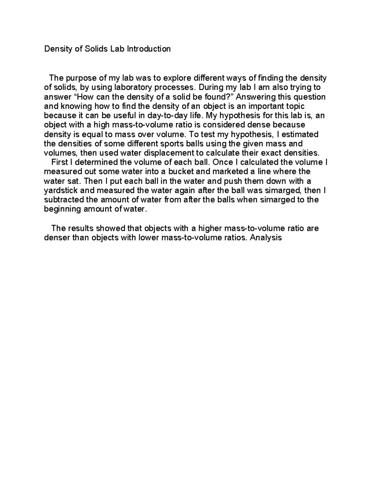 Untitled document - lab report - Density of Solids Lab Introduction The ...