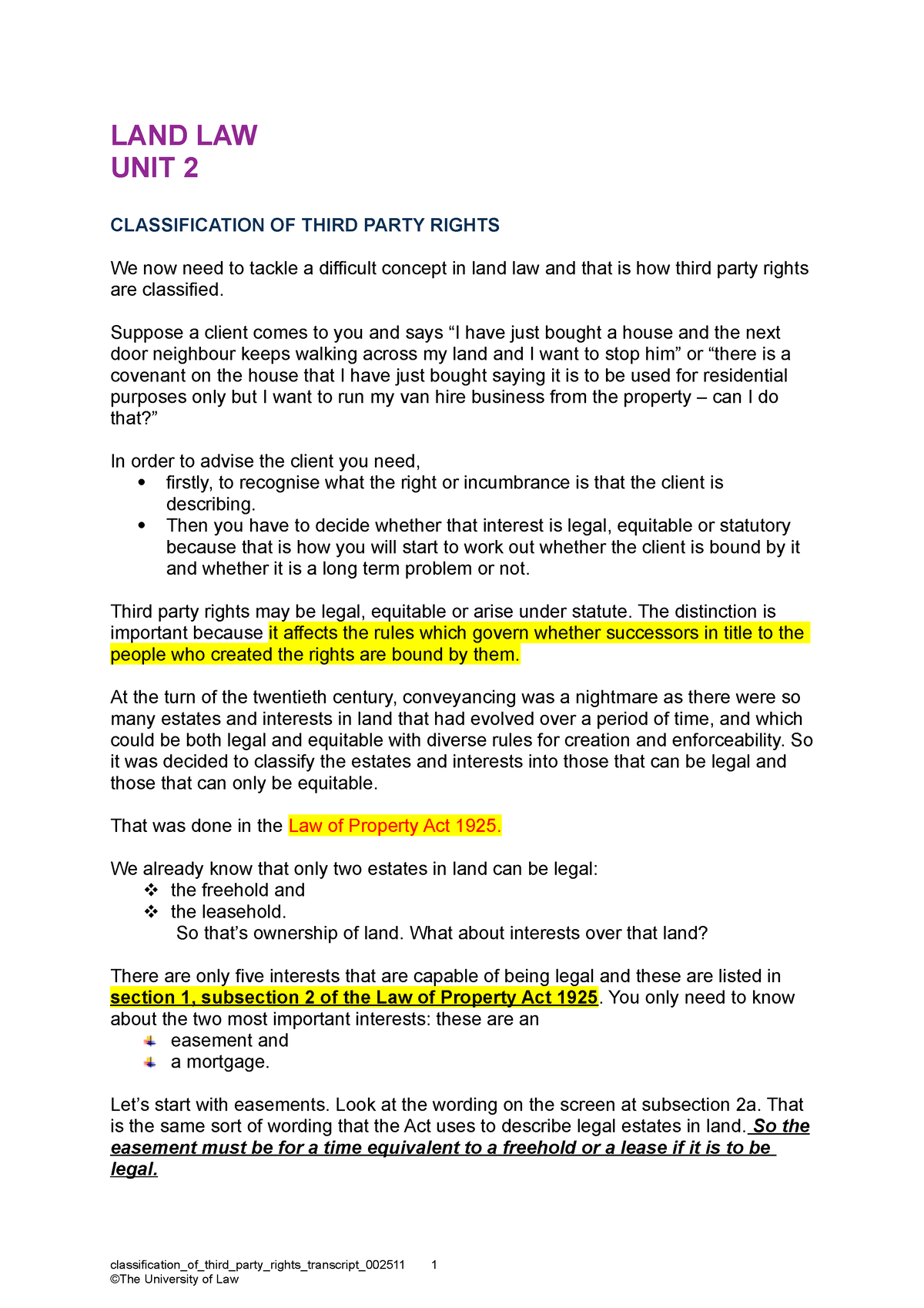 Land law 3 - General Notes - LAND LAW UNIT 2 CLASSIFICATION OF THIRD ...