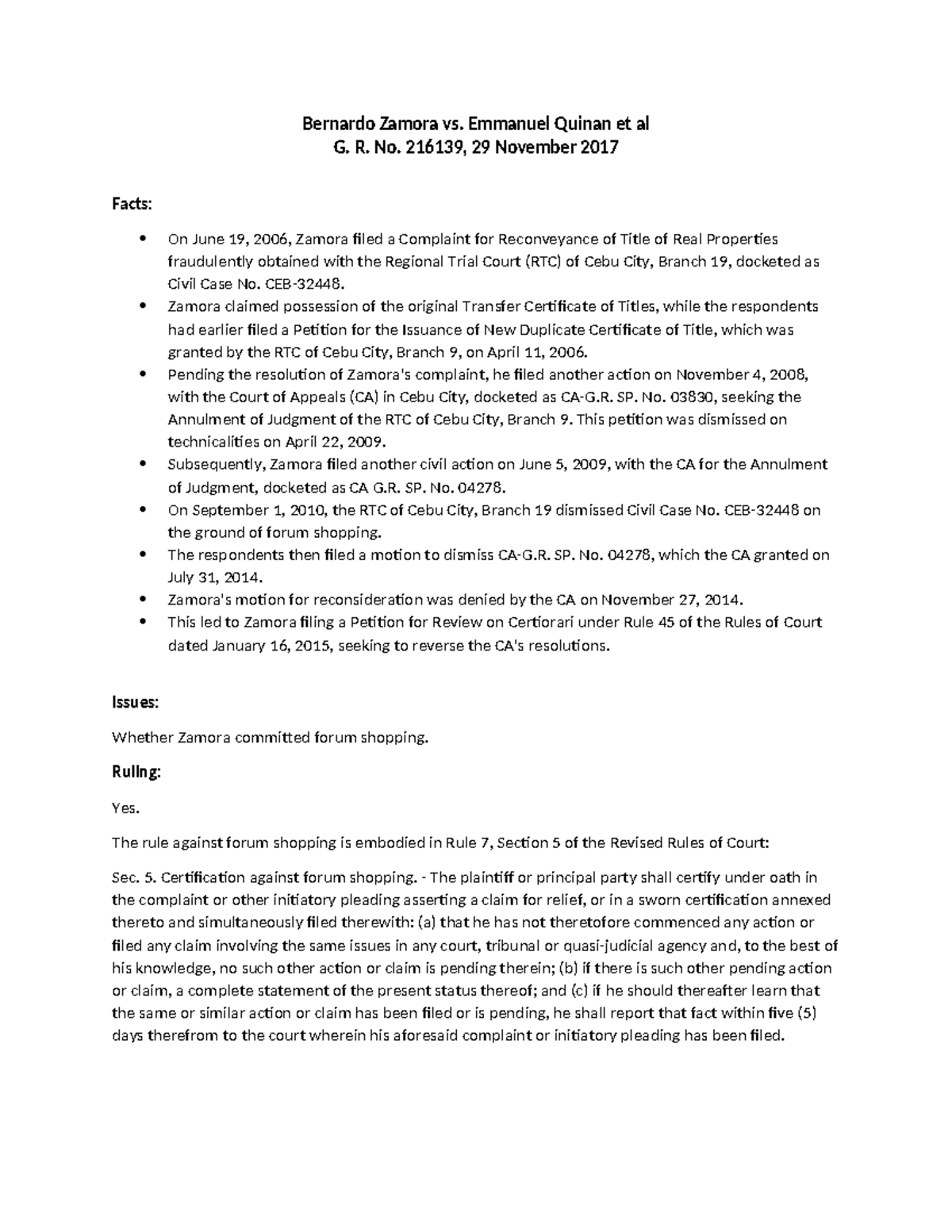 Bernardo Zamora vs. Emmanuel Quinan et alMr. Valencia Bernardo