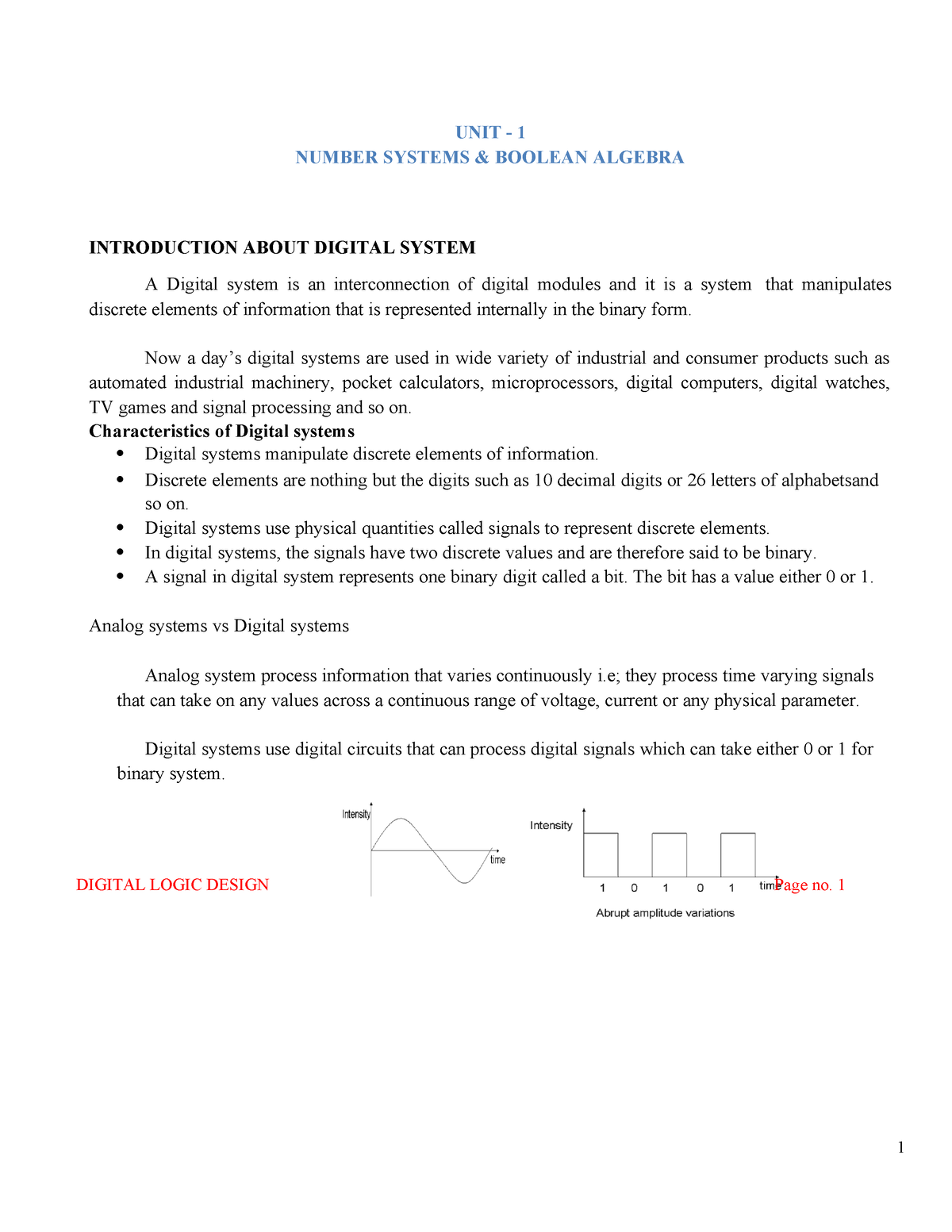 Dld Unit 1 Notes Unit 1 Number Systems And Boolean Algebra Introduction About Digital System 8522