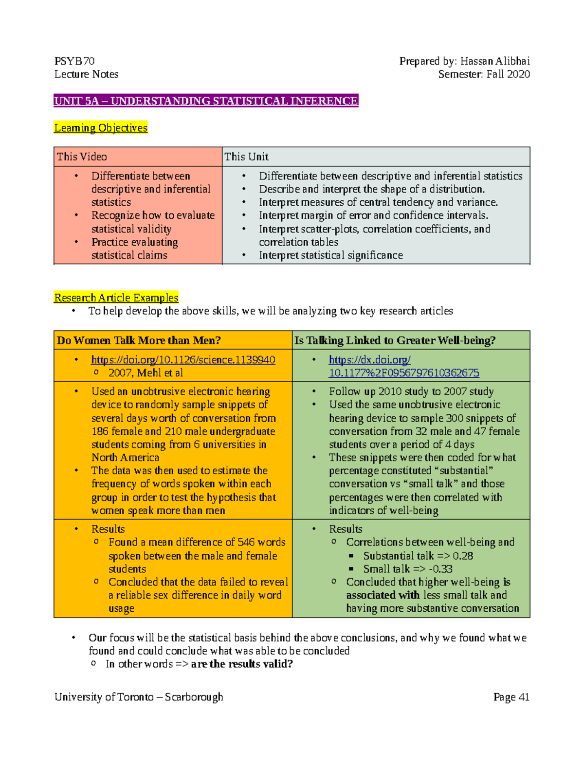 PSYB70 Unit 5 - Lecture Notes Semester: Fall 2020 UNIT 5A ...