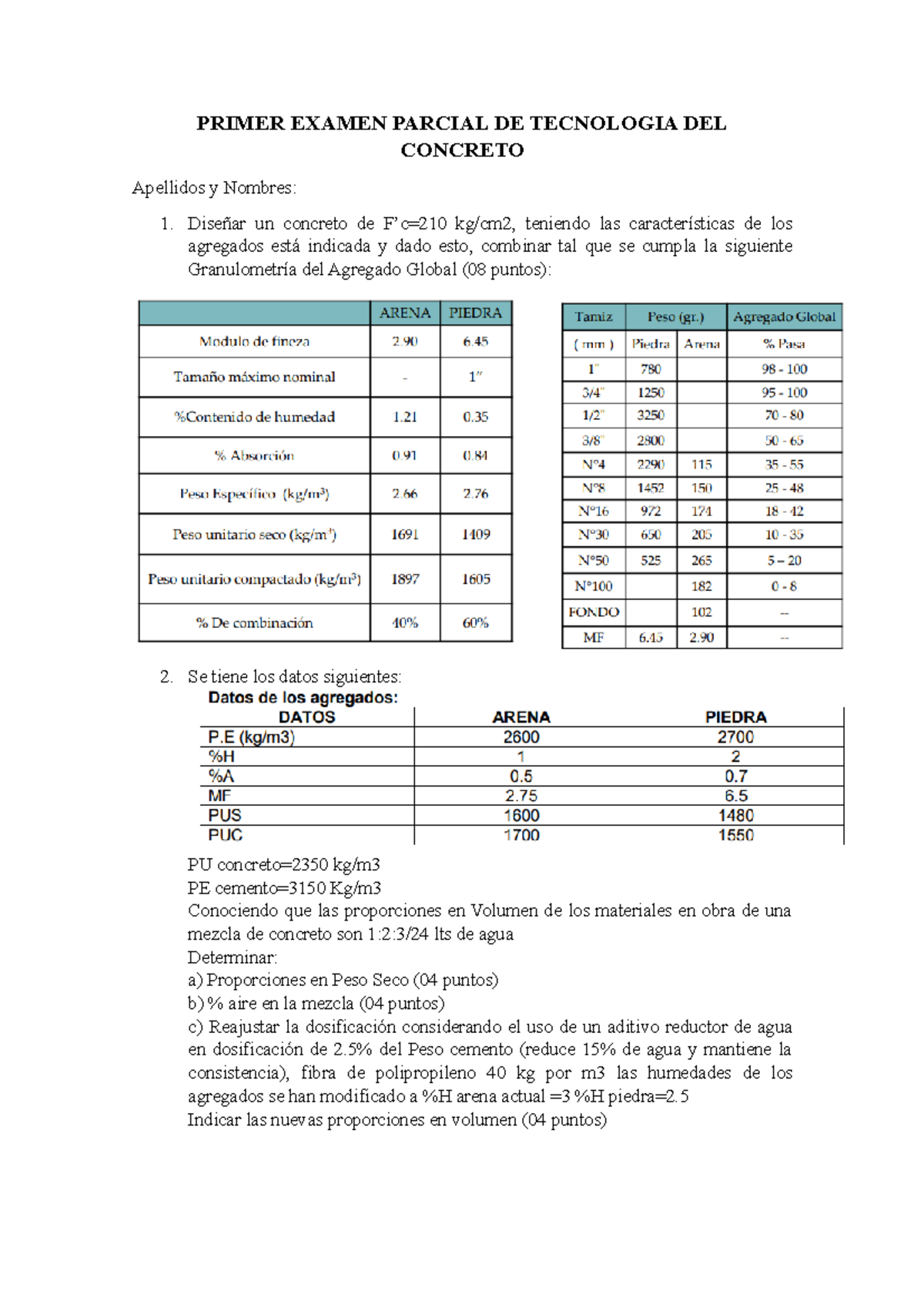 Primer Examen Parcial DE Tecnologia DEL C Oncreto - PRIMER EXAMEN ...