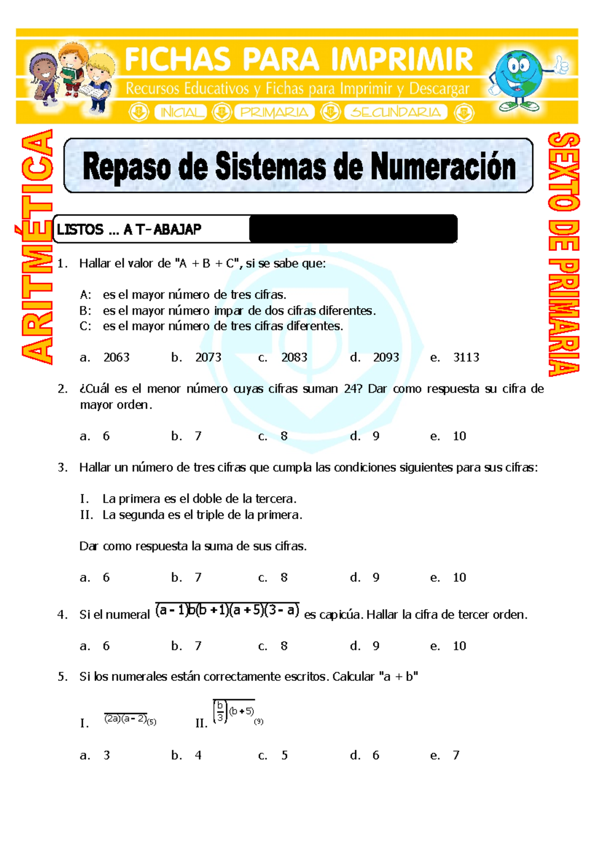 Repaso de Sistemas de Numeración para Sexto de Primaria - LISTOS ... A ...