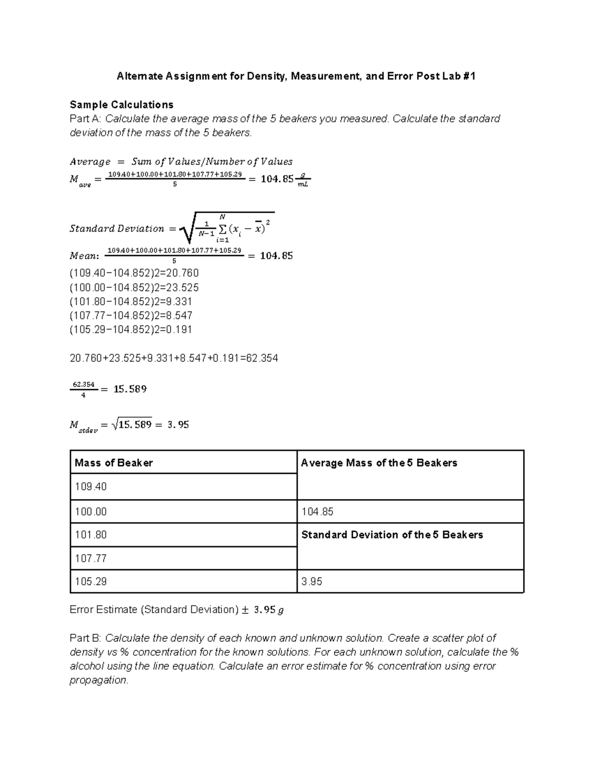 Alternate Assignment for Density, Measurement and Error Post Lab- Juana ...