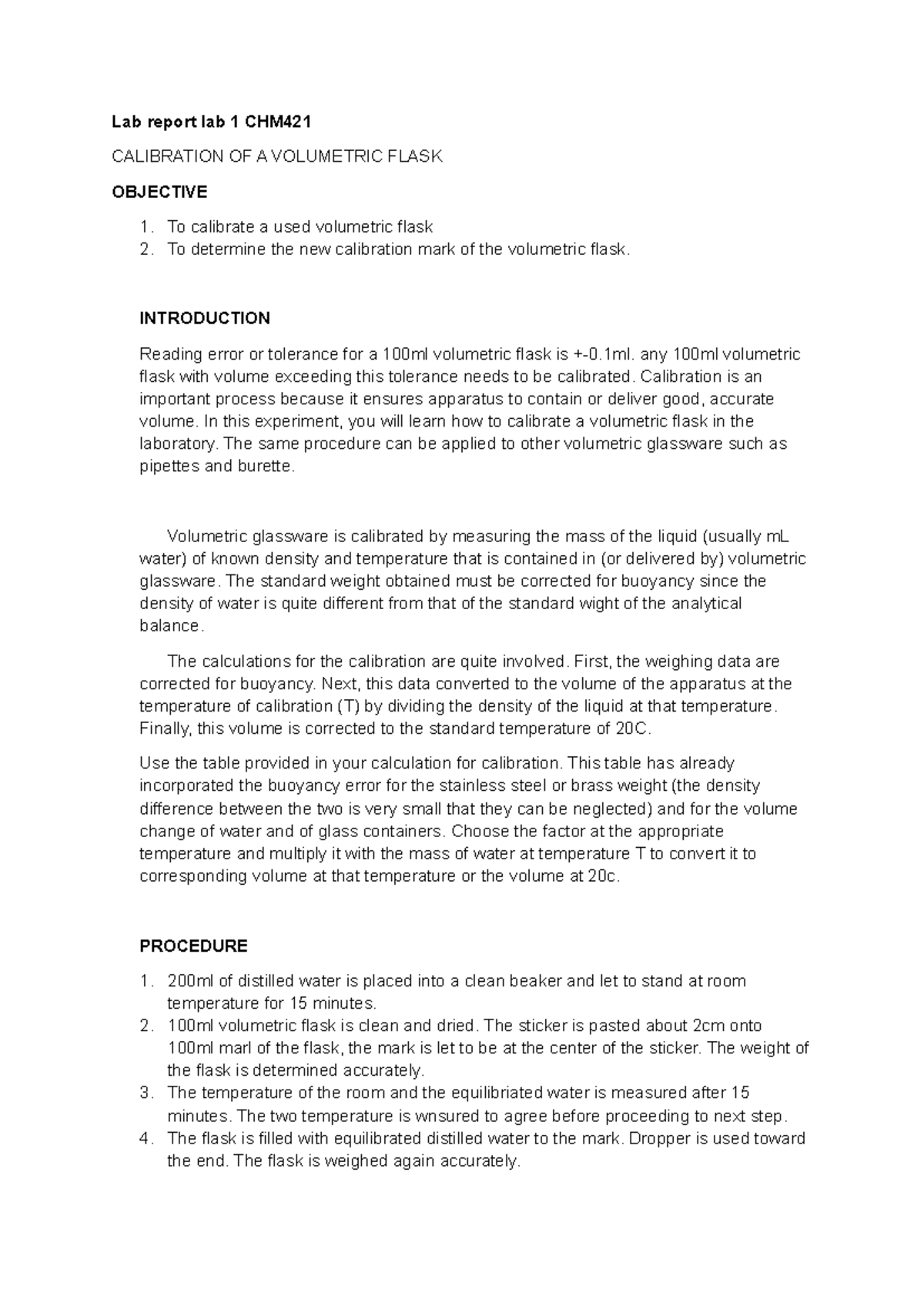 Lab report lab 1 CHM421 Lab report lab 1 CHM CALIBRATION OF A