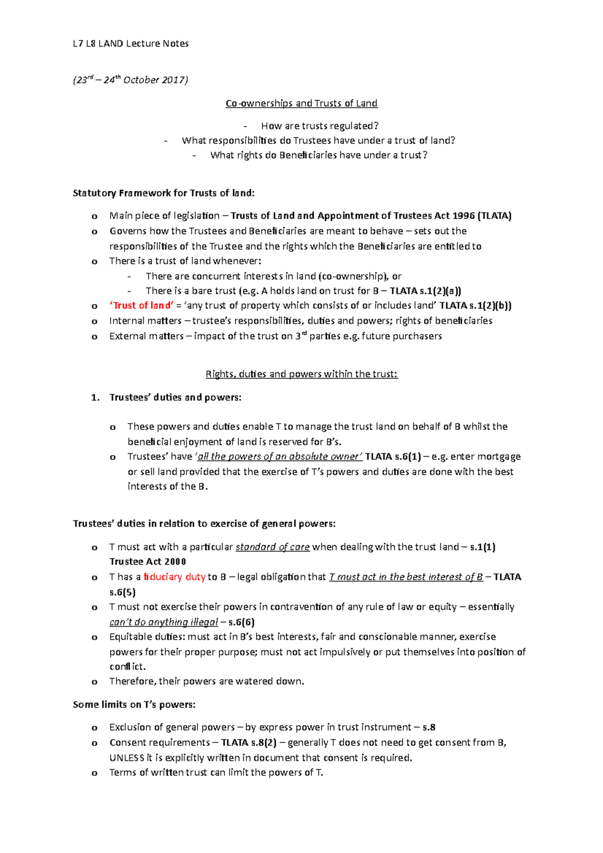 L7 L8 Co-ownership and Trusts - L7 L8 LAND Lecture Notes (23rd – 24th ...
