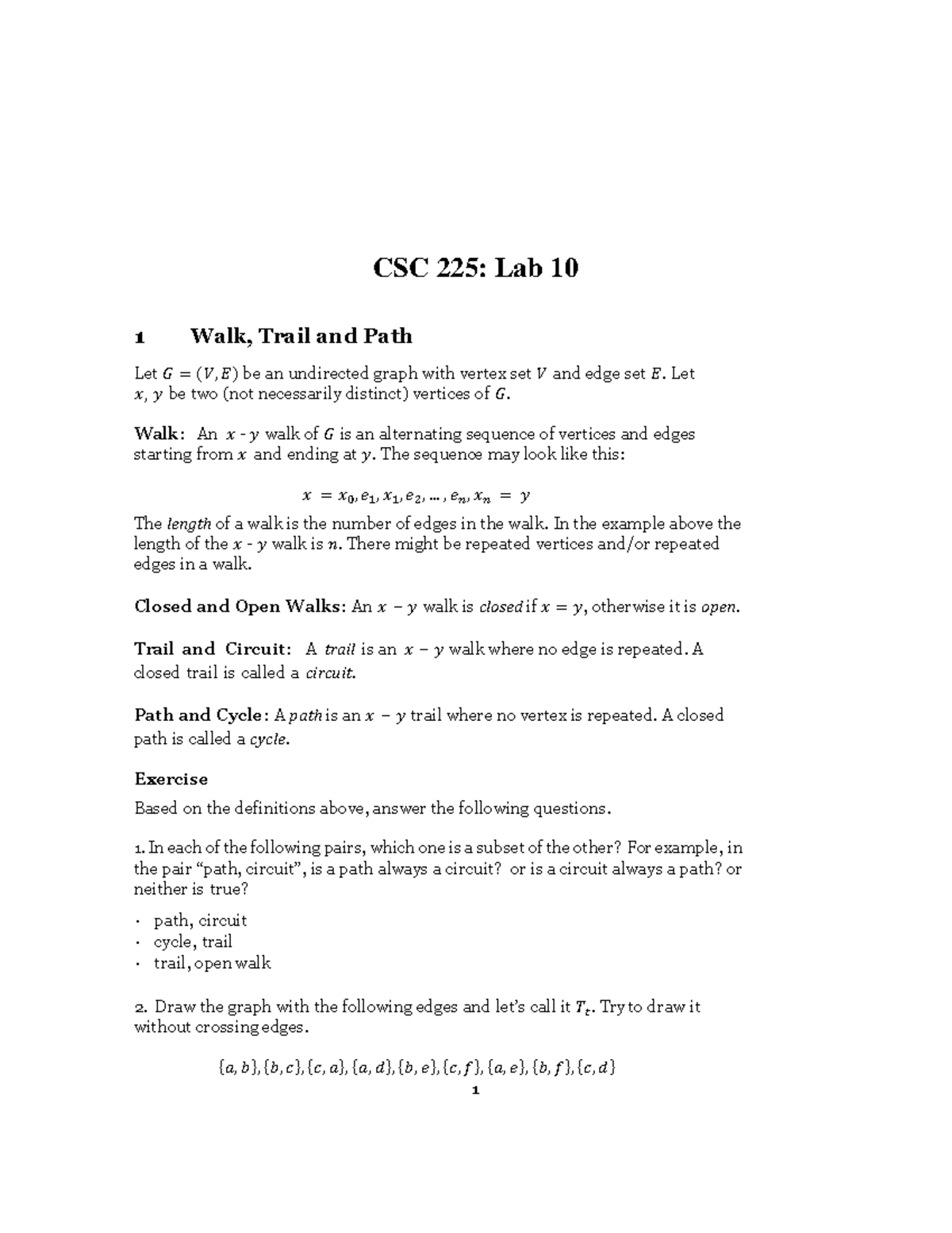 CSC 225 Lab 10 - lab 10 - 1 CSC 22 5 : Lab 10 1 Walk, Trail and Path ...