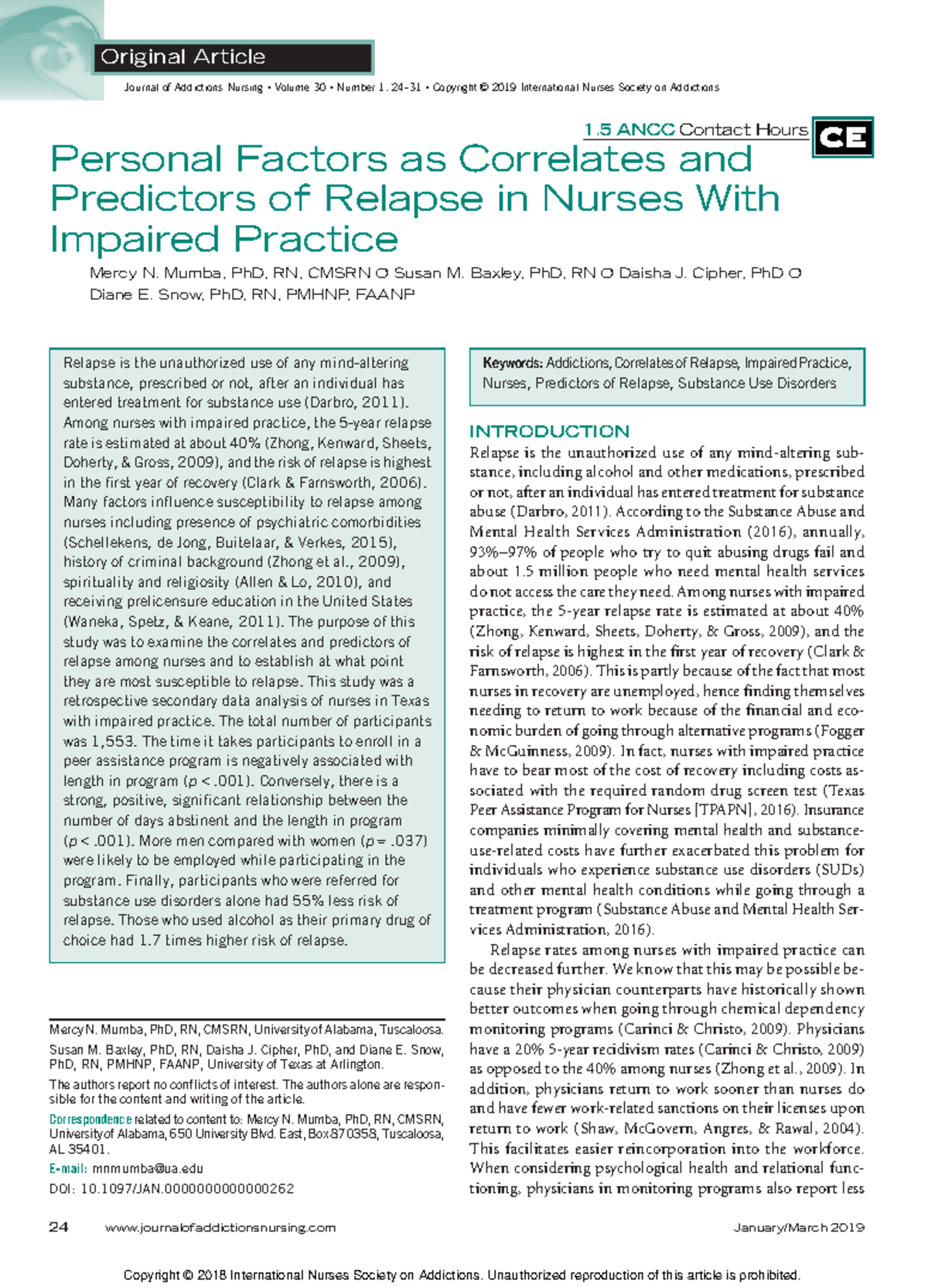 Impaired nurse relapse - Personal Factors as Correlates and Predictors ...