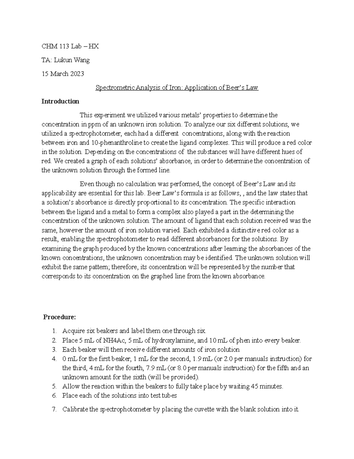 Spectrometric Analysis of Iron Application of Beer’s Law Lab Report