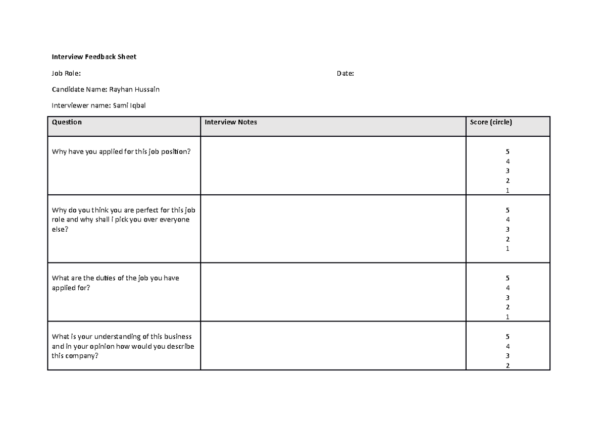 Interview Question sheet - Interview Feedback Sheet Job Role: Date ...