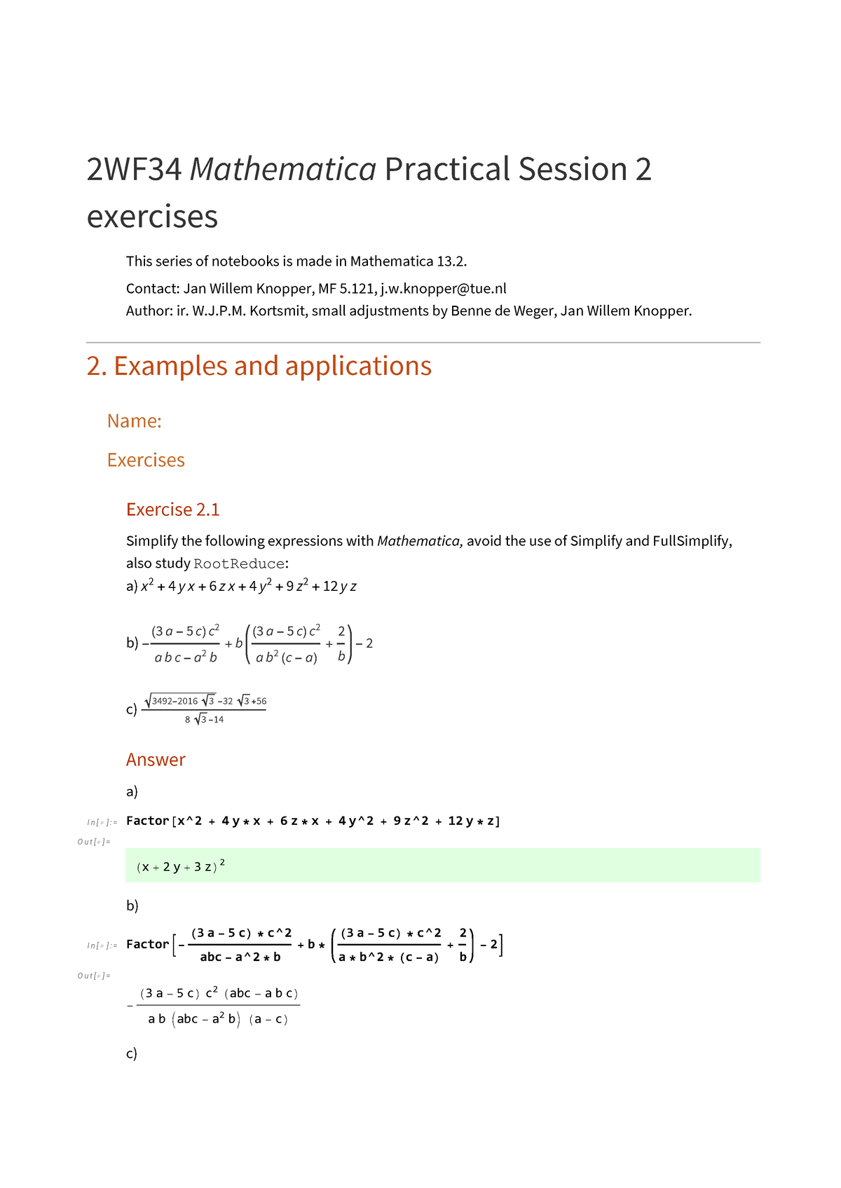 Practicum 2b - Answer - 2WF34 Mathematica Practical Session 2 Exercises ...