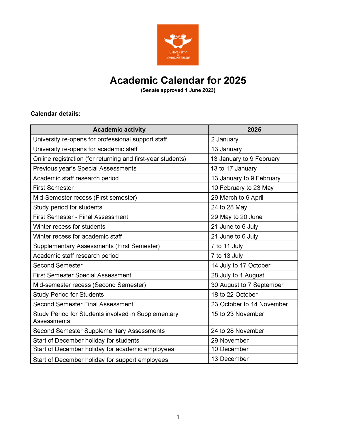 Academic calendar for 2025 1 Academic Calendar for 2025 (Senate