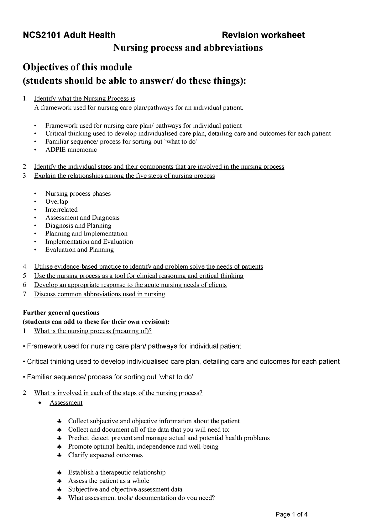 Revision Worksheet W1 Nursing Process And Abbreviations Ncs2101 Adult Health Revision