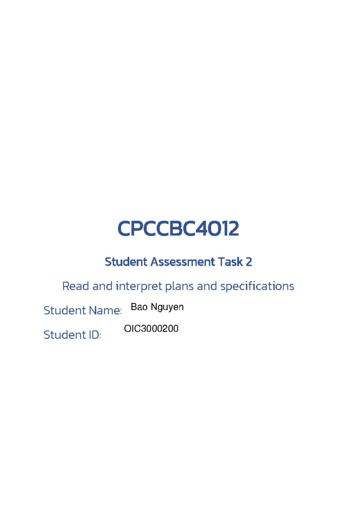 Task 2 final - Task 2 - CPCCBC Student Assessment Task 2 Read and ...