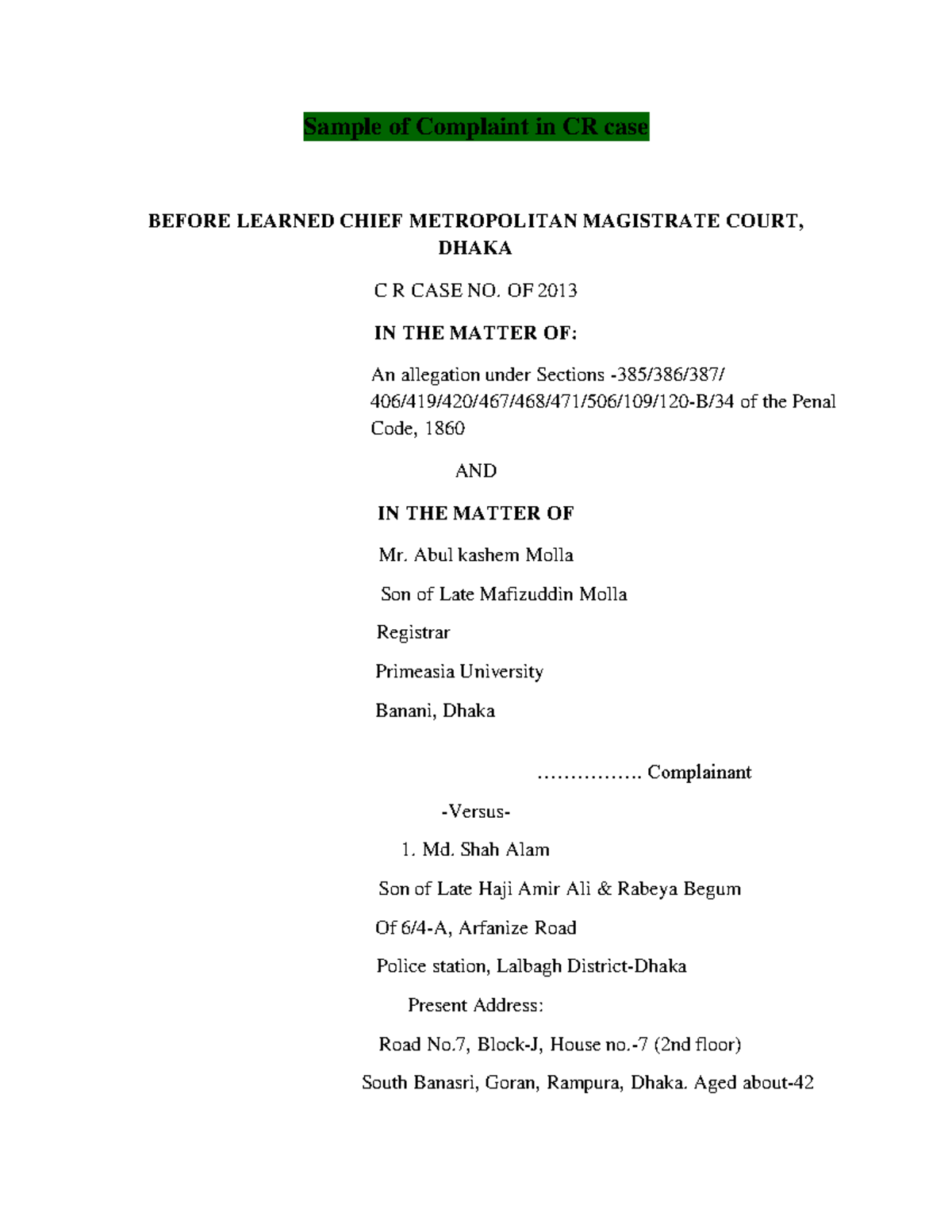 Sample Of Complaint In CR Case Sample Of Complaint In CR Case BEFORE 