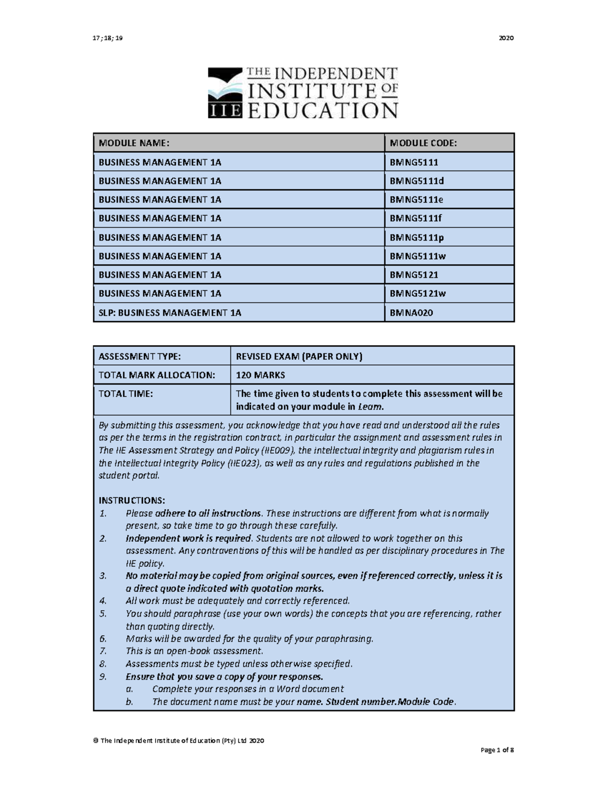 BUS Take-Home Exam 1[221] - MODULE NAME: MODULE CODE: BUSINESS ...