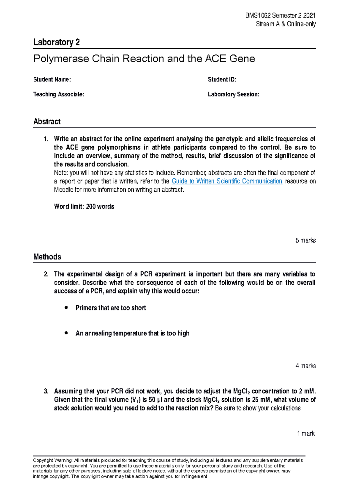 Lab 2 PostLaboratory Worksheet BMS1062 Stream A Student Version